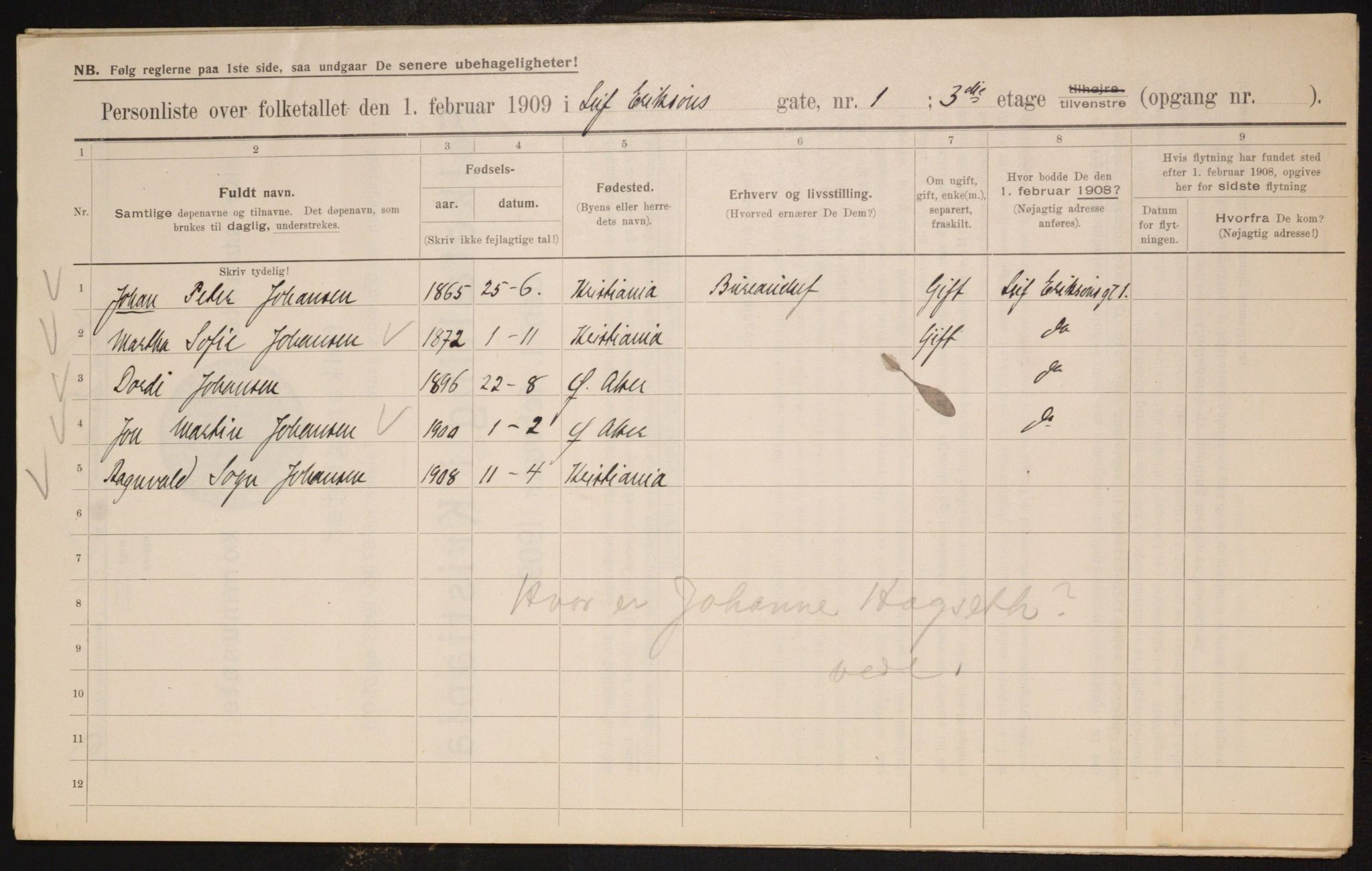 OBA, Municipal Census 1909 for Kristiania, 1909, p. 52407
