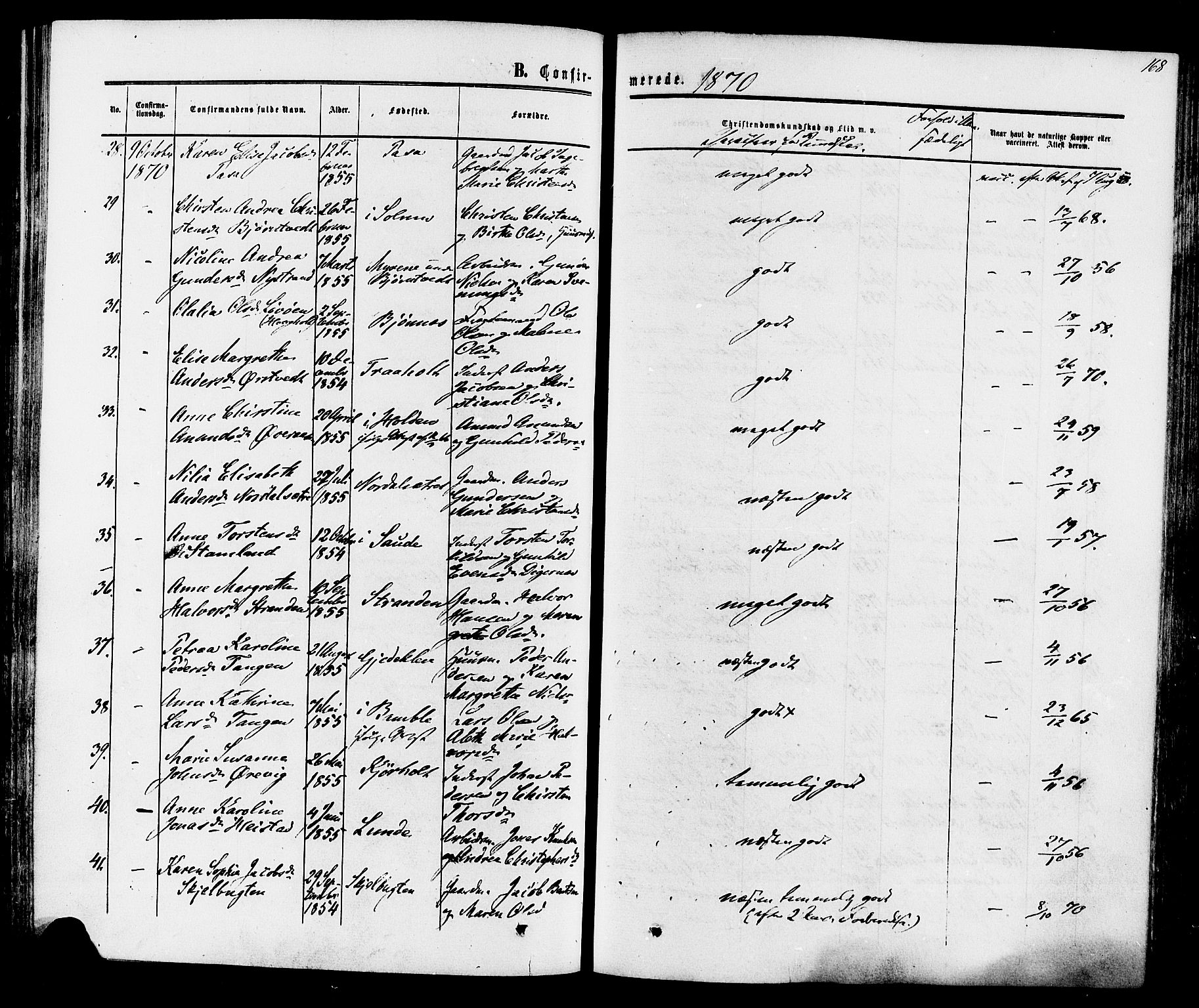 Eidanger kirkebøker, AV/SAKO-A-261/F/Fa/L0010: Parish register (official) no. 10, 1859-1874, p. 168