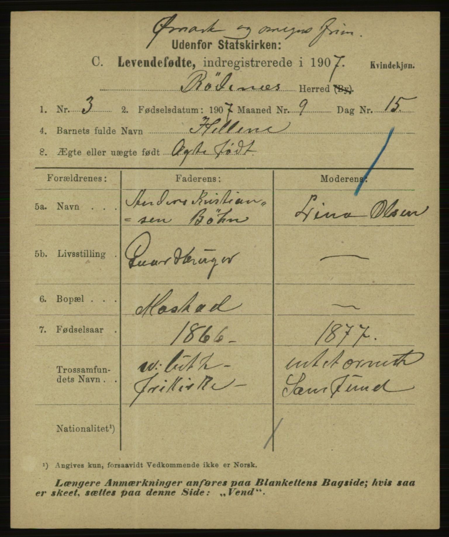 Statistisk sentralbyrå, Sosiodemografiske emner, Befolkning, AV/RA-S-2228/E/L0005: Fødte, gifte, døde dissentere., 1907, p. 11