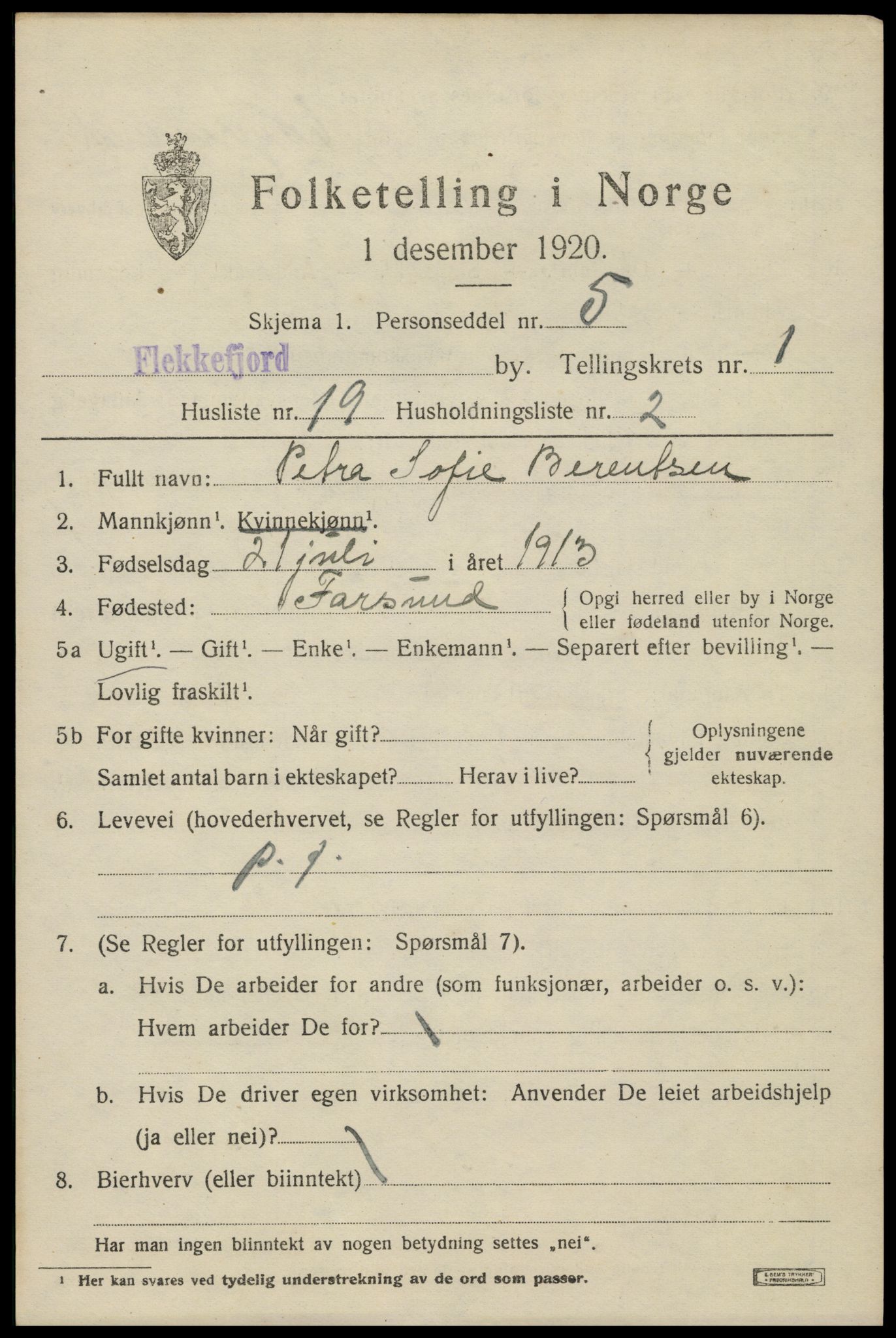 SAK, 1920 census for Flekkefjord, 1920, p. 2076