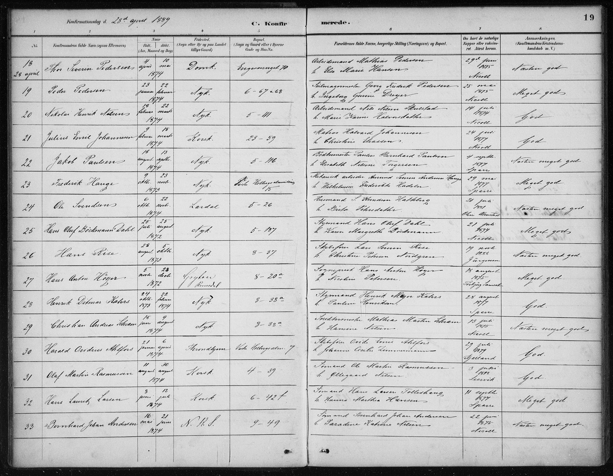 Nykirken Sokneprestembete, AV/SAB-A-77101/H/Haa/L0027: Parish register (official) no. C 6, 1886-1913, p. 19
