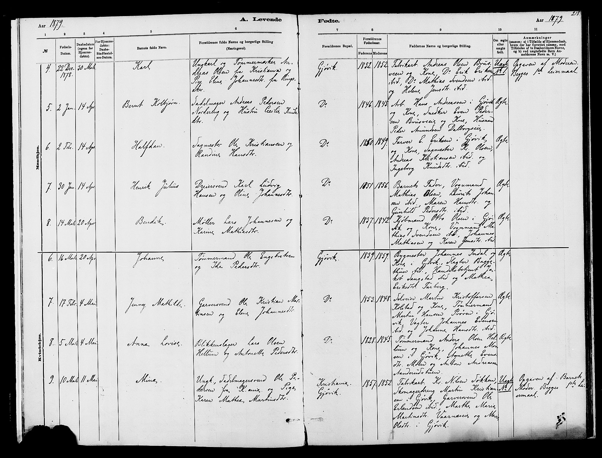 Vardal prestekontor, SAH/PREST-100/H/Ha/Haa/L0008: Parish register (official) no. 8, 1878-1890, p. 218