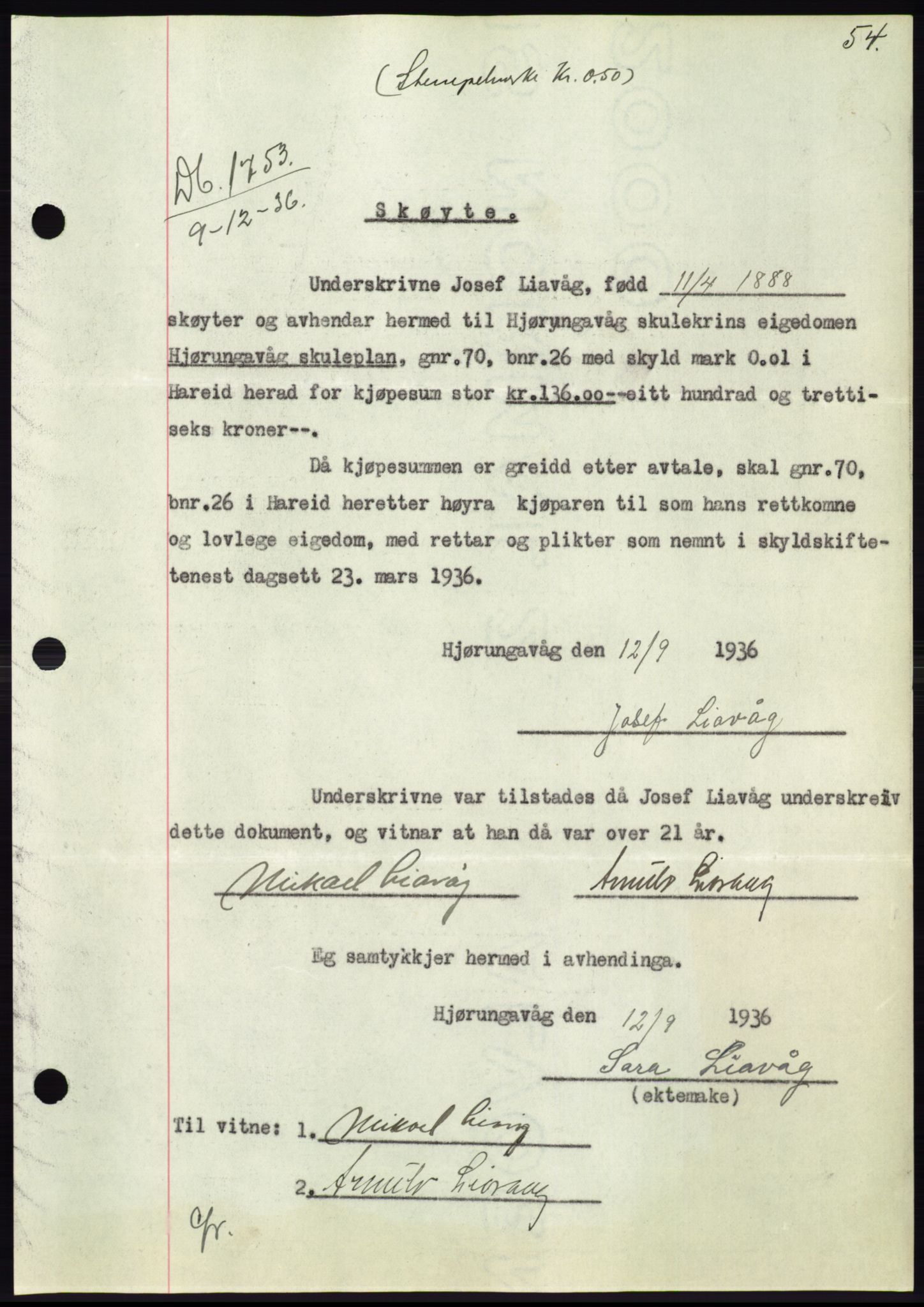 Søre Sunnmøre sorenskriveri, AV/SAT-A-4122/1/2/2C/L0062: Mortgage book no. 56, 1936-1937, Diary no: : 1753/1936