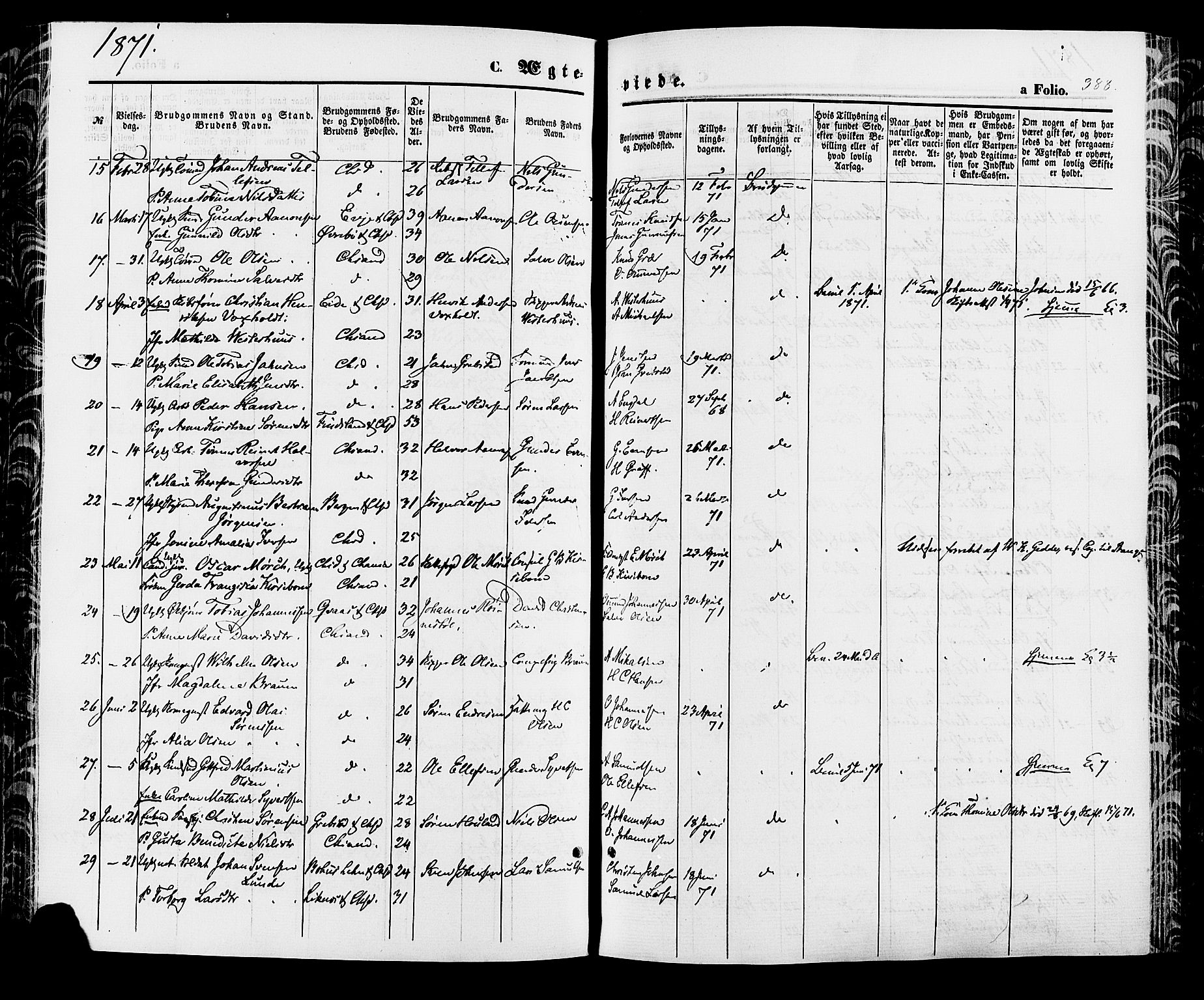 Kristiansand domprosti, SAK/1112-0006/F/Fa/L0015: Parish register (official) no. A 15, 1867-1880, p. 388