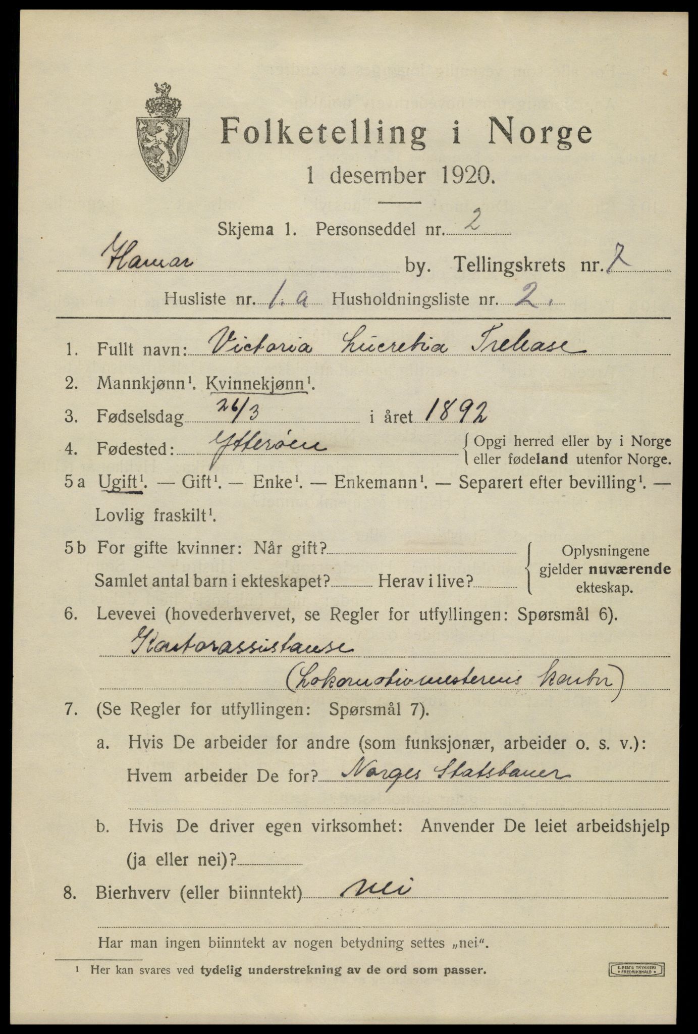 SAH, 1920 census for Hamar, 1920, p. 12707