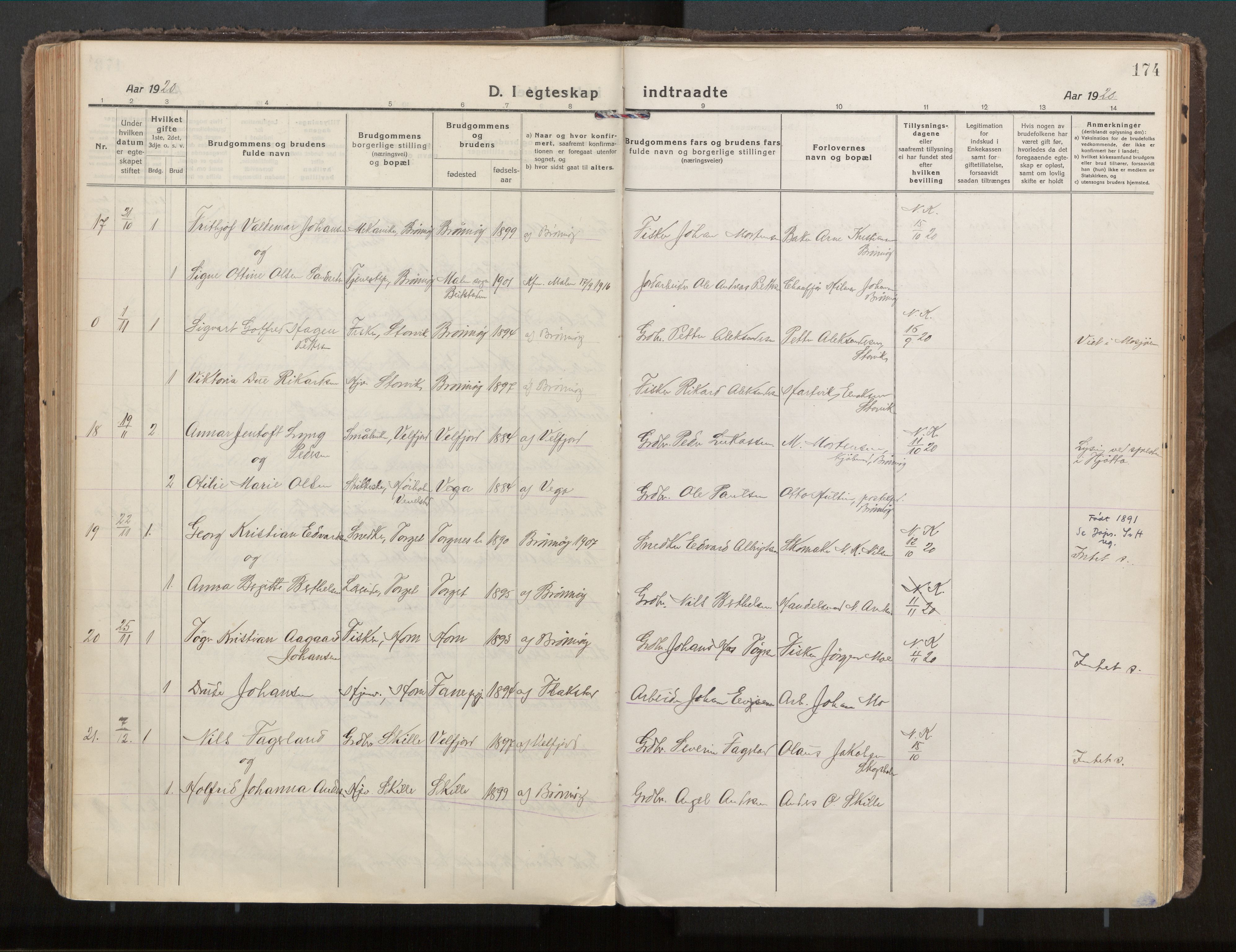 Ministerialprotokoller, klokkerbøker og fødselsregistre - Nordland, AV/SAT-A-1459/813/L0207a: Parish register (official) no. 813A18, 1919-1927, p. 174