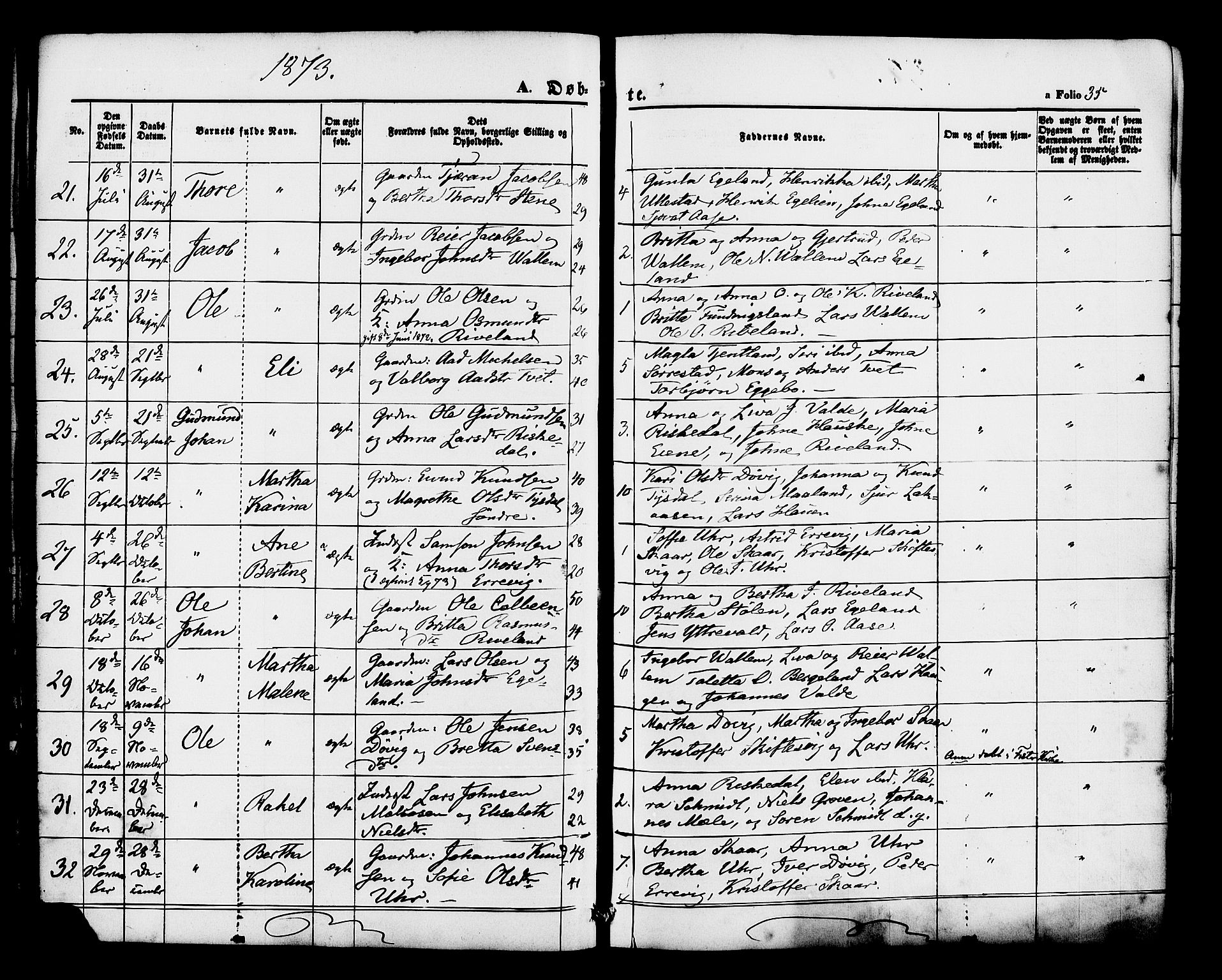 Hjelmeland sokneprestkontor, AV/SAST-A-101843/01/IV/L0012: Parish register (official) no. A 12, 1862-1886, p. 35