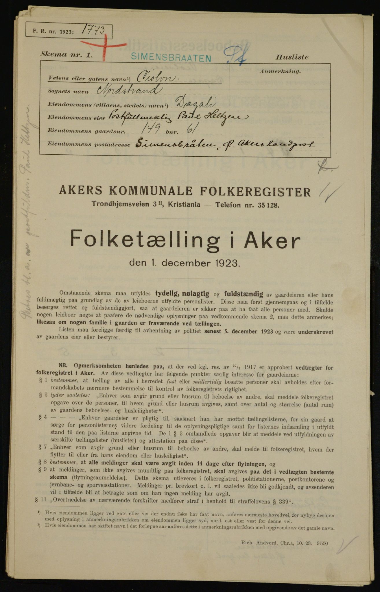 , Municipal Census 1923 for Aker, 1923, p. 46748