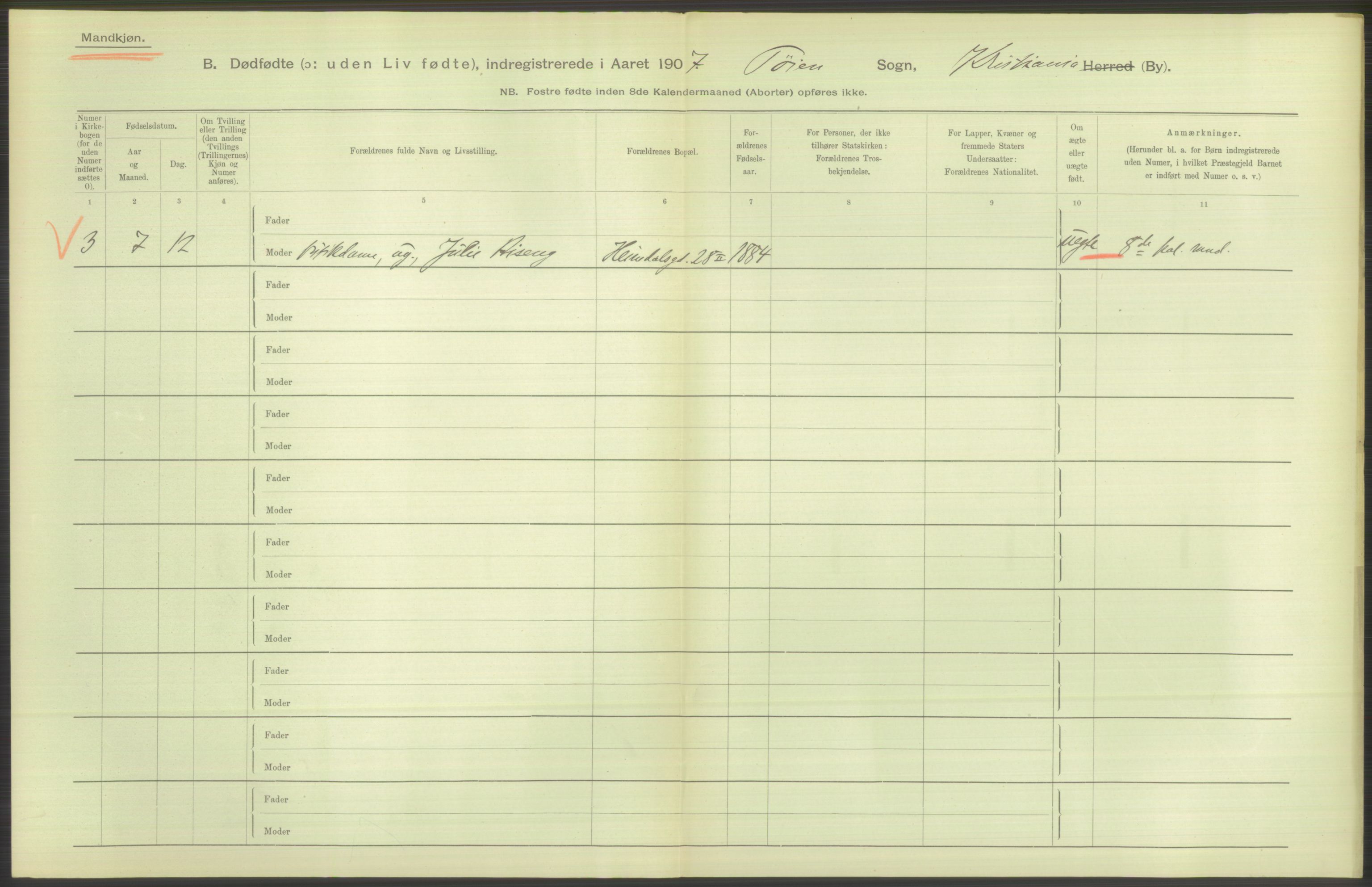 Statistisk sentralbyrå, Sosiodemografiske emner, Befolkning, RA/S-2228/D/Df/Dfa/Dfae/L0010: Kristiania: Døde, dødfødte, 1907, p. 110