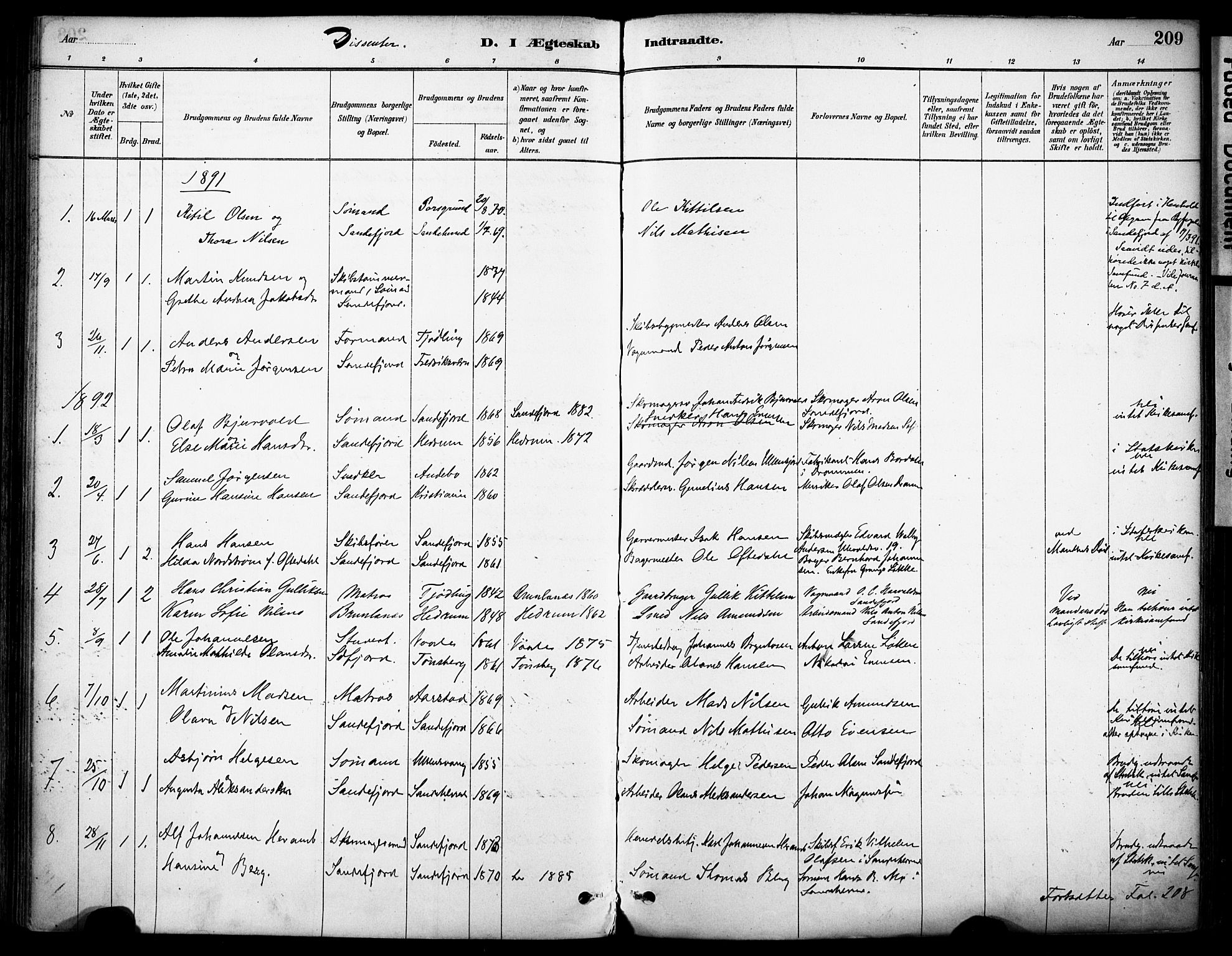 Sandefjord kirkebøker, AV/SAKO-A-315/F/Fa/L0002: Parish register (official) no. 2, 1880-1894, p. 209
