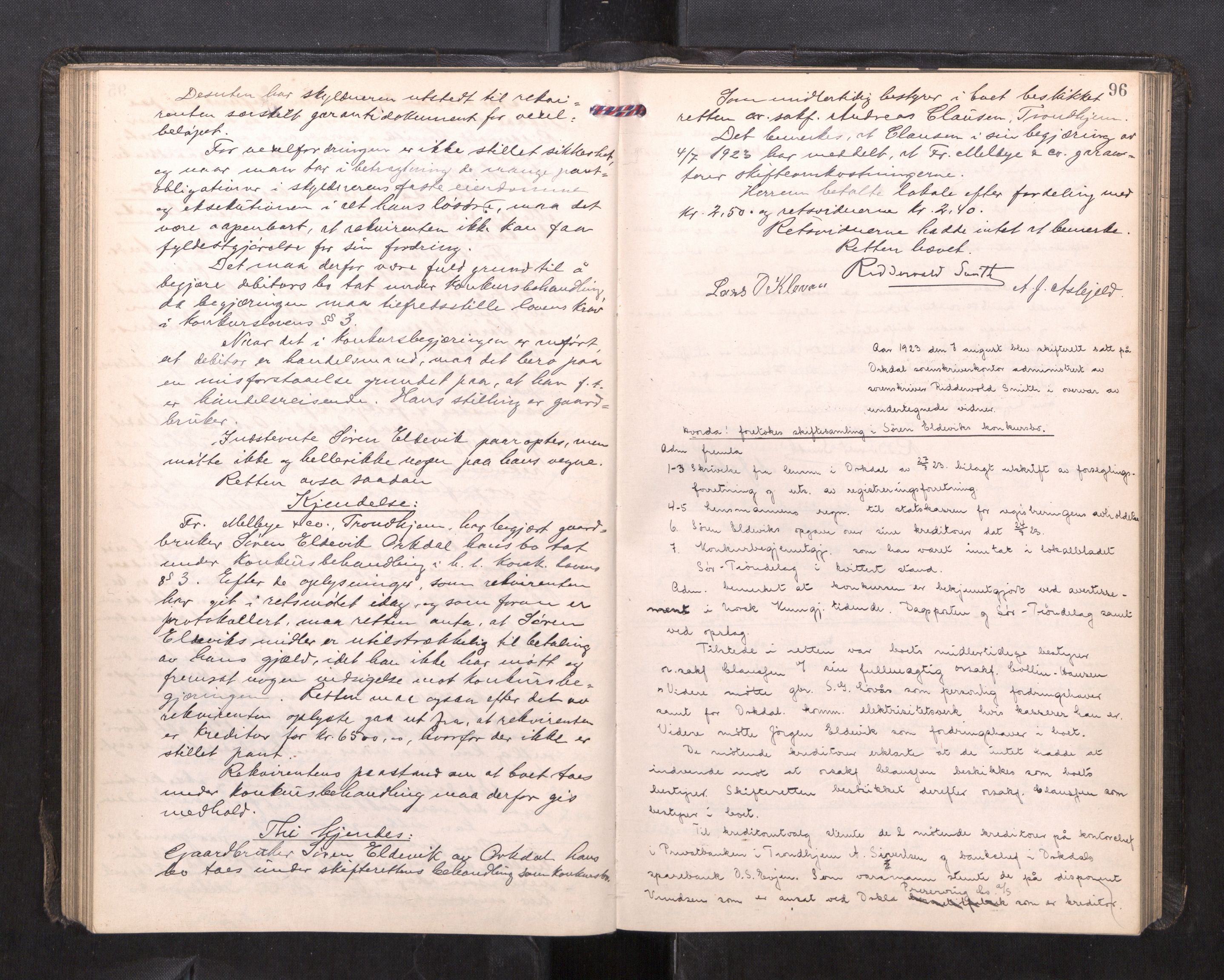 Orkdal sorenskriveri, AV/SAT-A-4169/1/3/3B/L0015: Skiftebehandlingsprotokoll, 1919-1927, p. 95b-96a