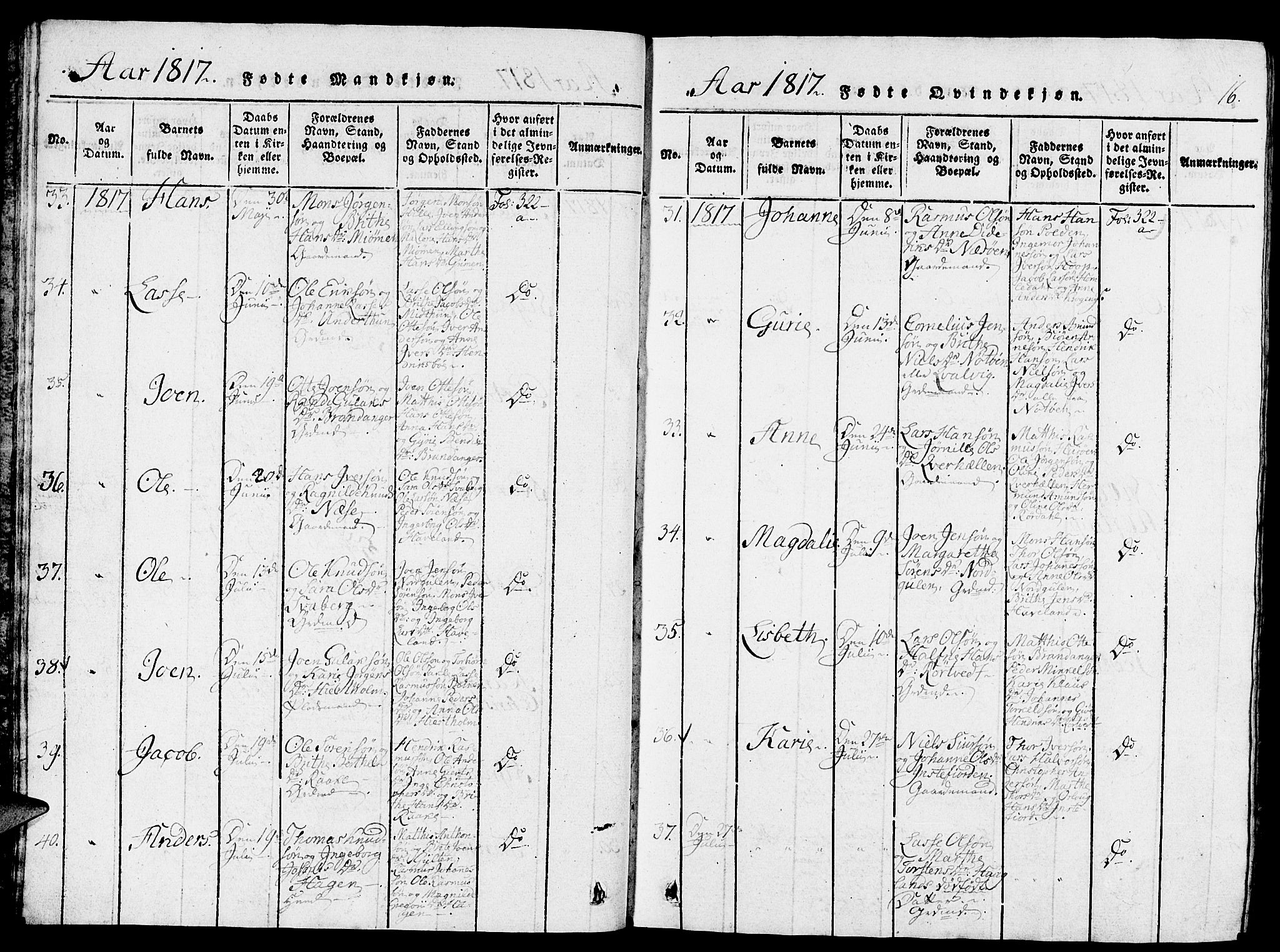 Gulen sokneprestembete, AV/SAB-A-80201/H/Haa/Haaa/L0018: Parish register (official) no. A 18, 1816-1825, p. 16