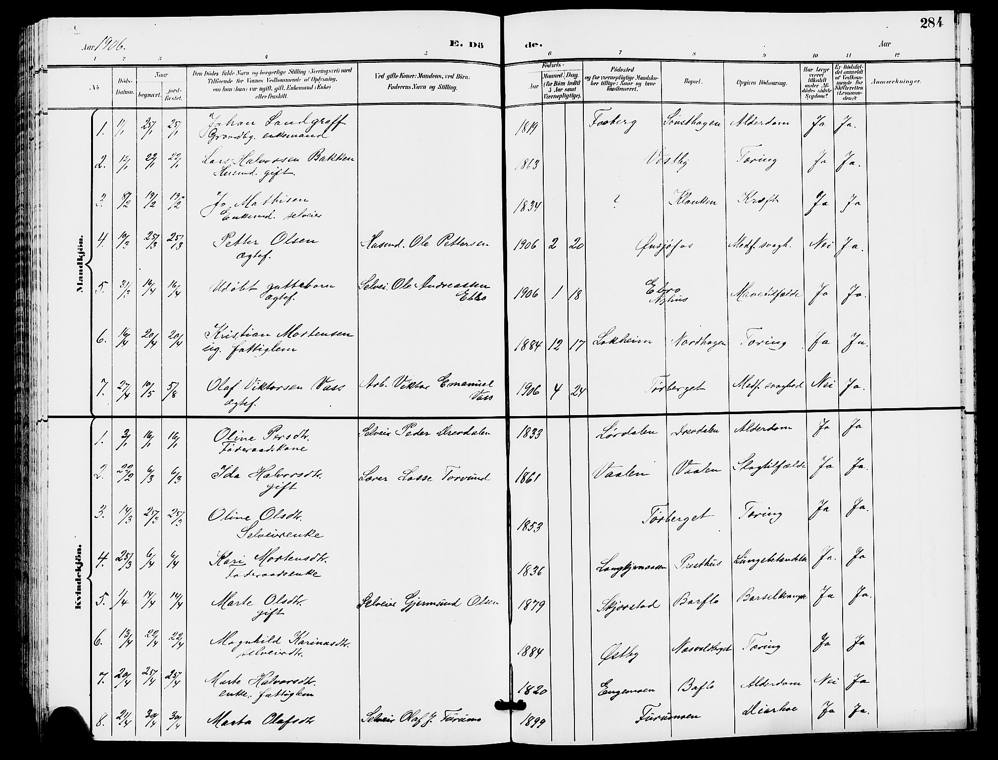Trysil prestekontor, SAH/PREST-046/H/Ha/Hab/L0006: Parish register (copy) no. 6, 1896-1912, p. 284