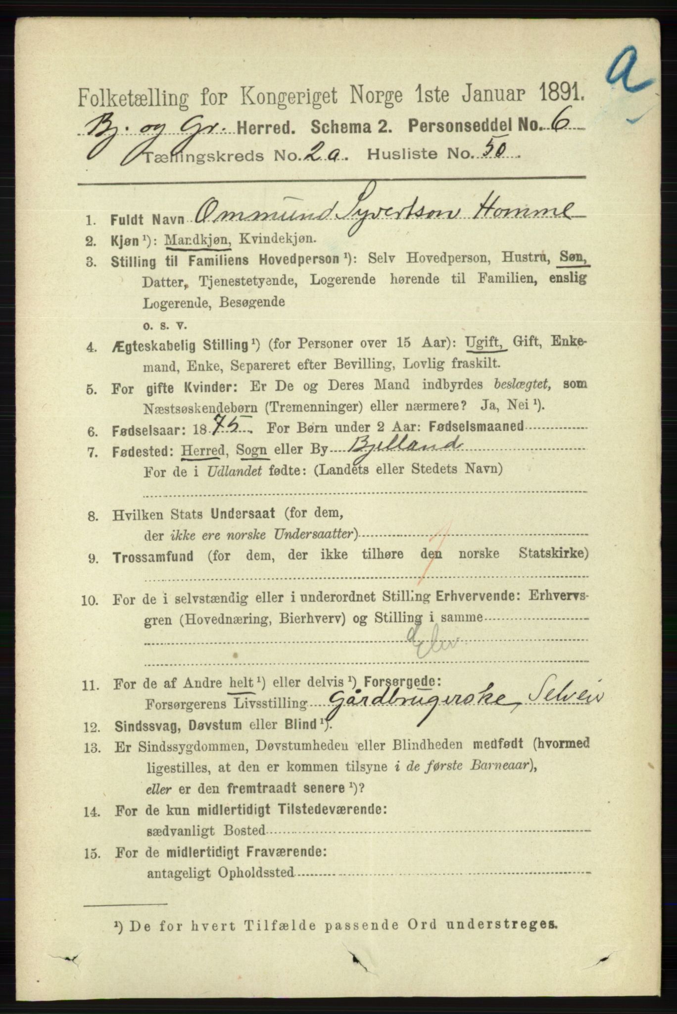 RA, 1891 census for 1024 Bjelland og Grindheim, 1891, p. 1402