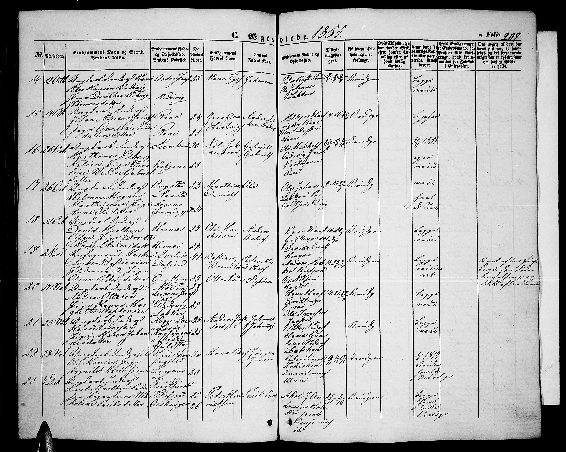 Ministerialprotokoller, klokkerbøker og fødselsregistre - Nordland, AV/SAT-A-1459/888/L1265: Parish register (copy) no. 888C03, 1850-1863, p. 209