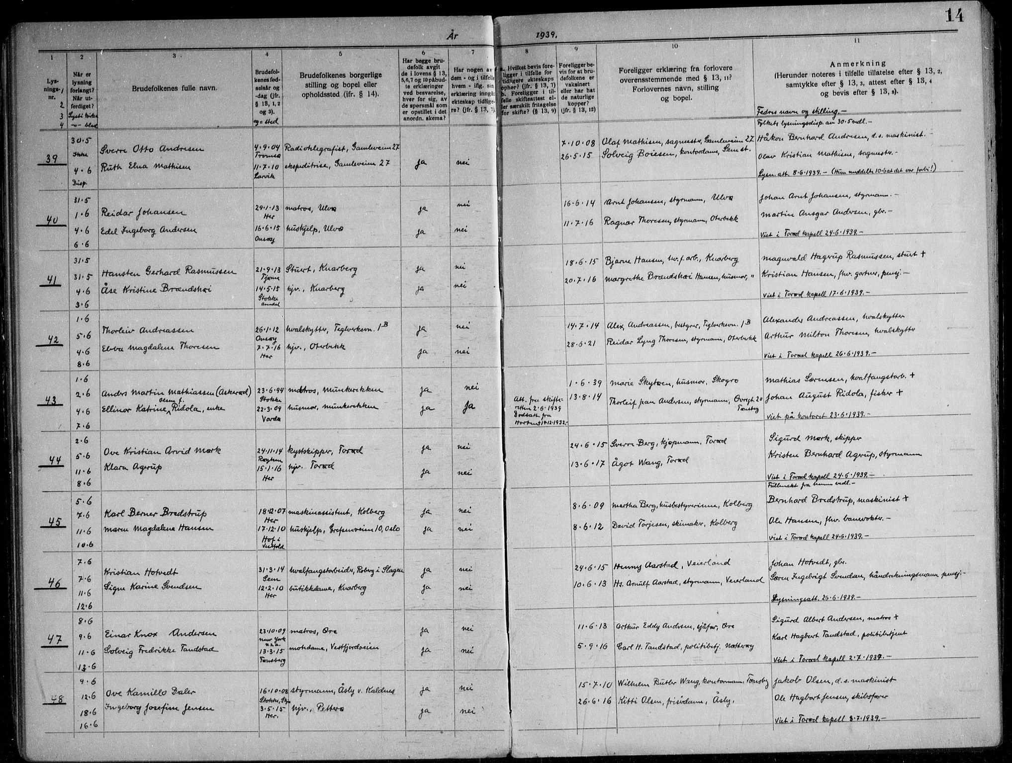 Nøtterøy kirkebøker, AV/SAKO-A-354/H/Ha/L0002: Banns register no. 2, 1937-1952, p. 14