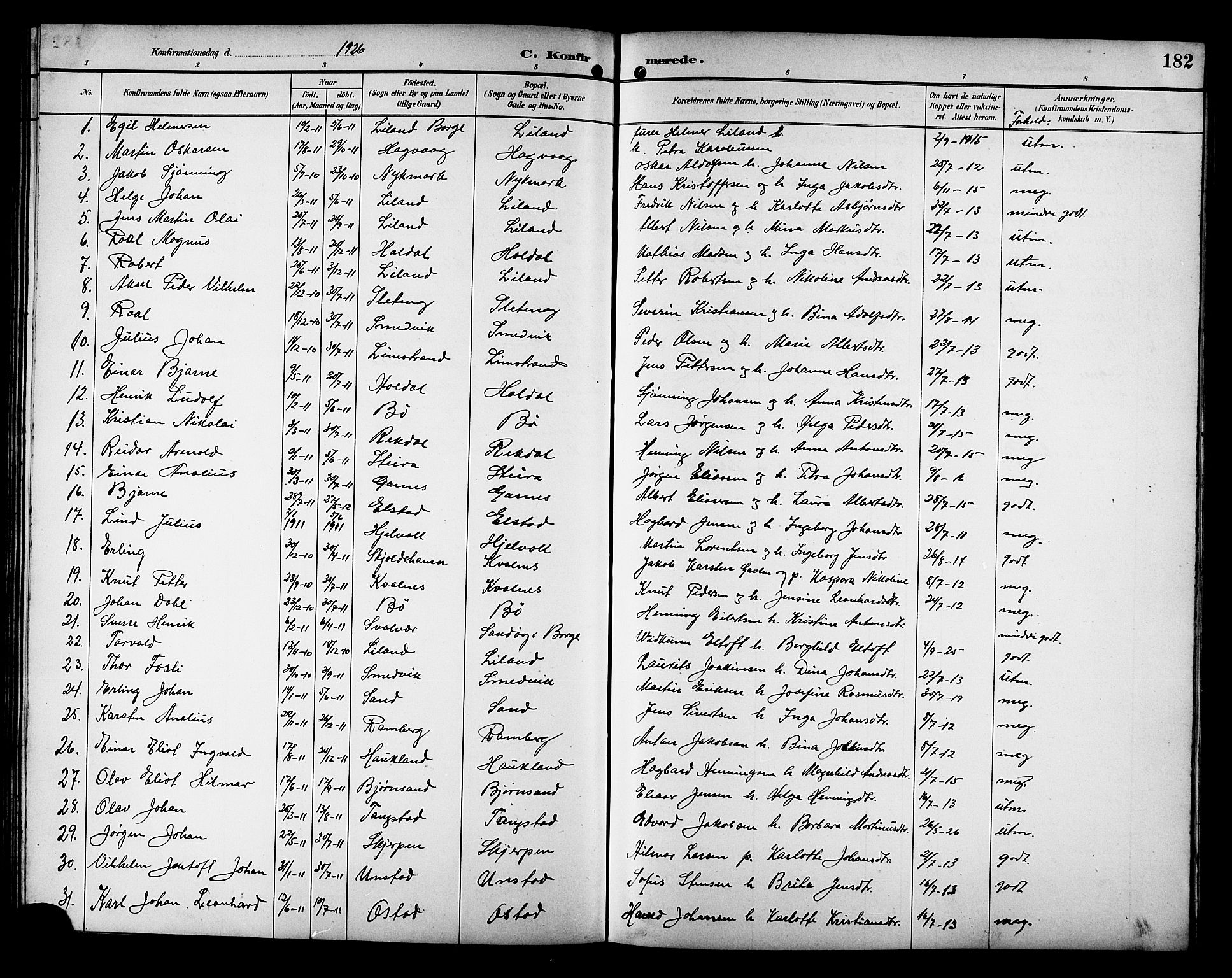 Ministerialprotokoller, klokkerbøker og fødselsregistre - Nordland, AV/SAT-A-1459/880/L1141: Parish register (copy) no. 880C03, 1893-1928, p. 182