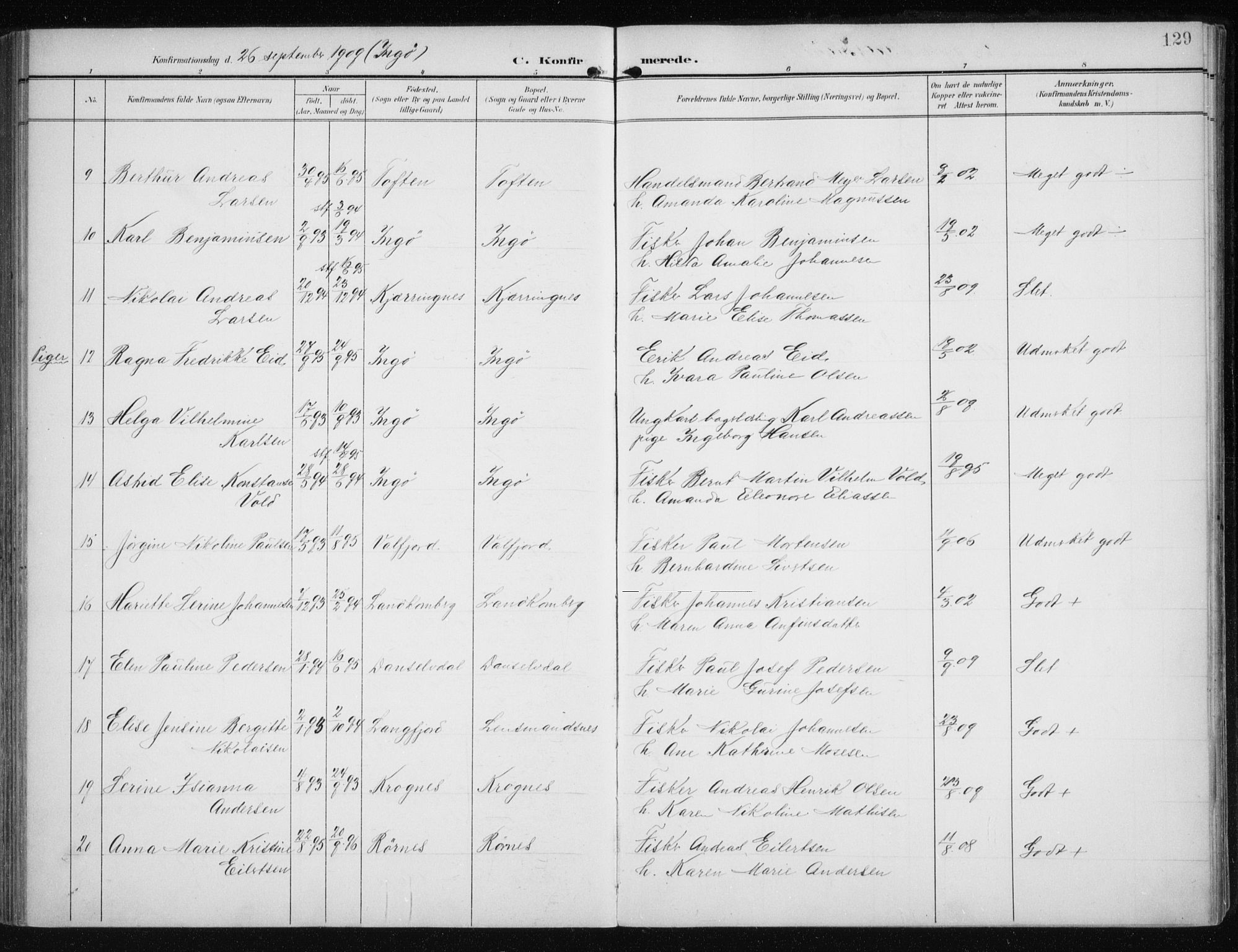 Måsøy sokneprestkontor, SATØ/S-1348/H/Ha/L0009kirke: Parish register (official) no. 9, 1903-1914, p. 129