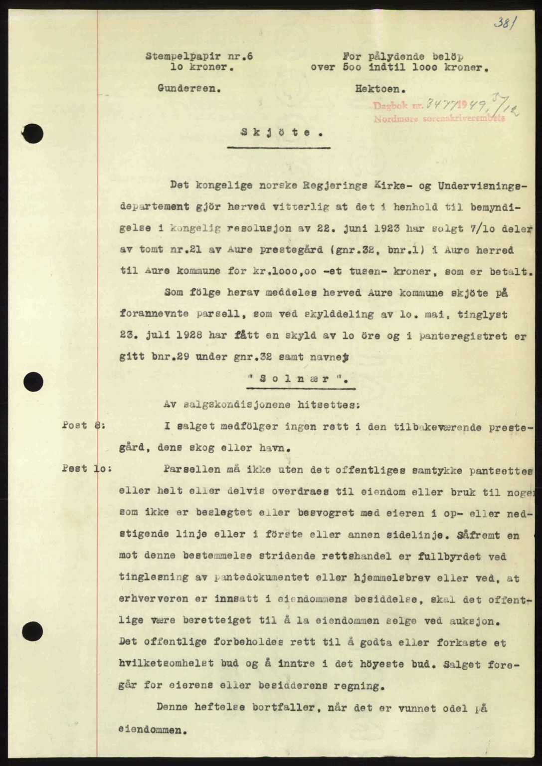 Nordmøre sorenskriveri, AV/SAT-A-4132/1/2/2Ca: Mortgage book no. A113, 1949-1950, Diary no: : 3477/1949