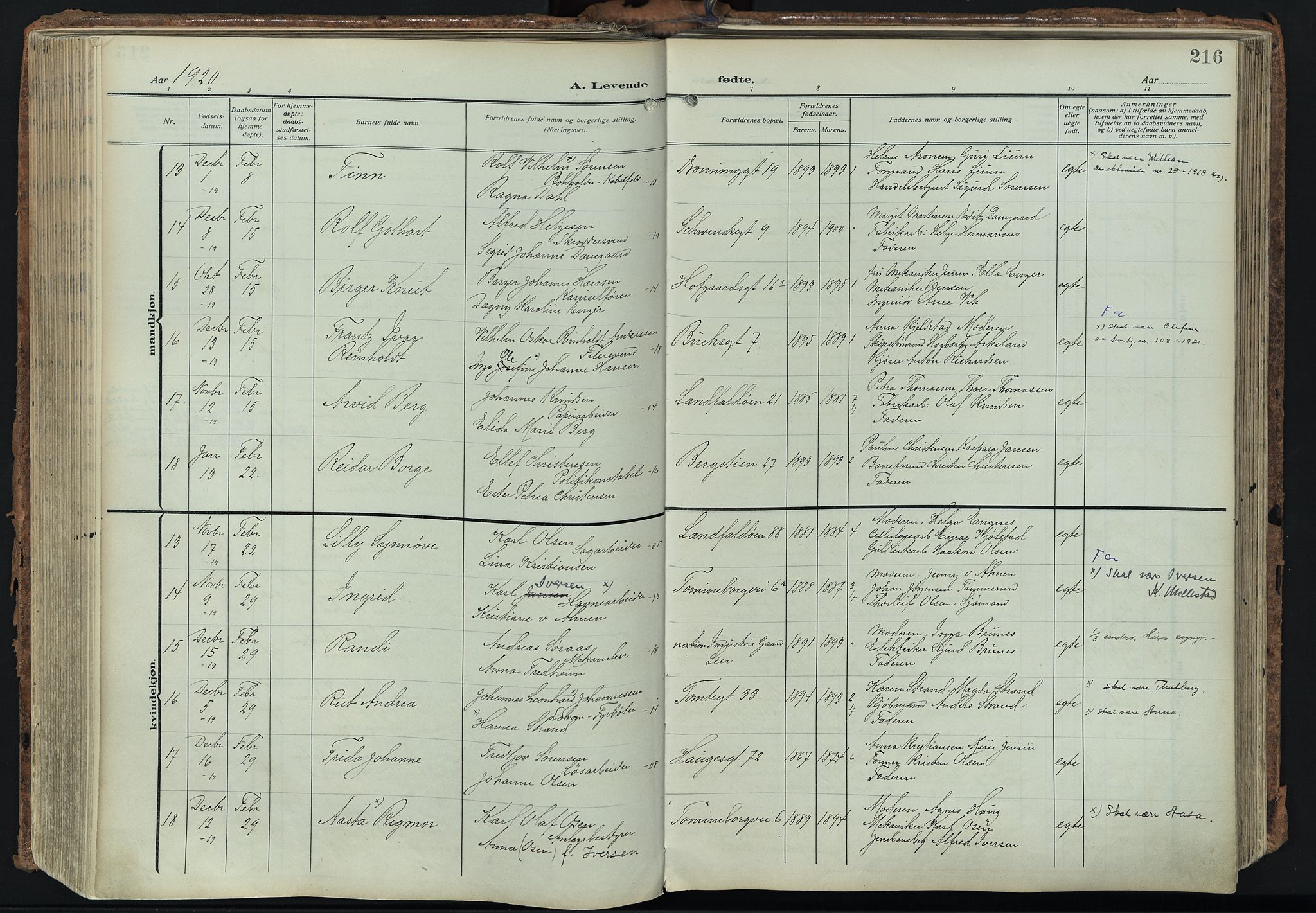 Bragernes kirkebøker, AV/SAKO-A-6/F/Fb/L0010: Parish register (official) no. II 10, 1911-1922, p. 216