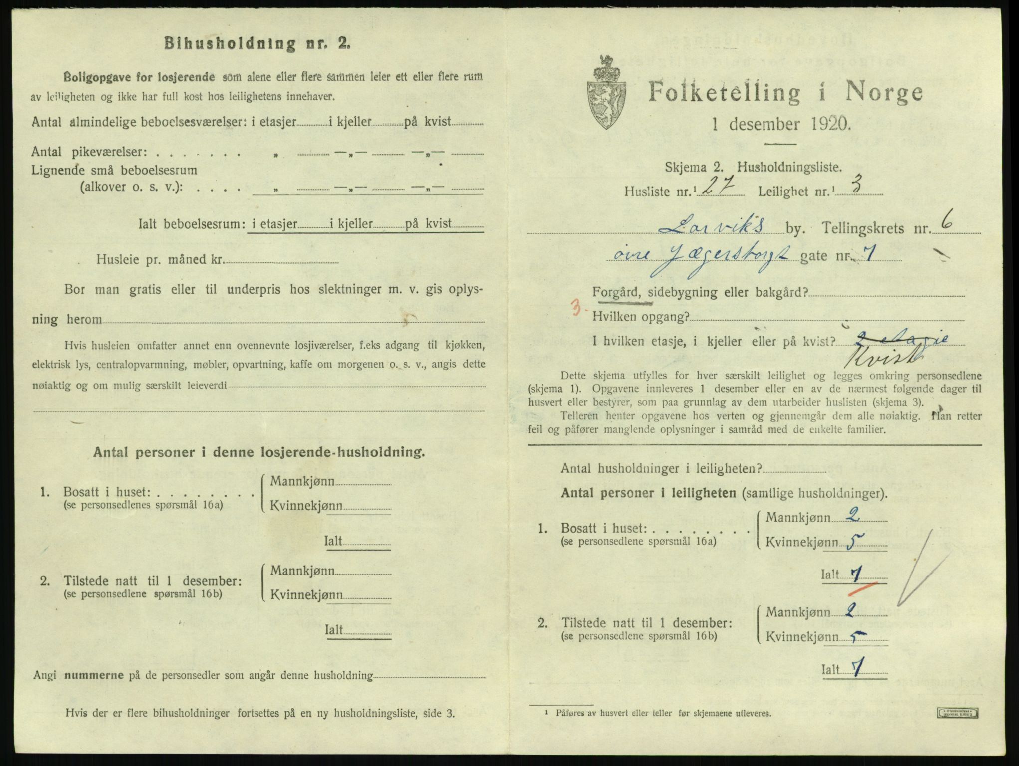 SAKO, 1920 census for Larvik, 1920, p. 5494