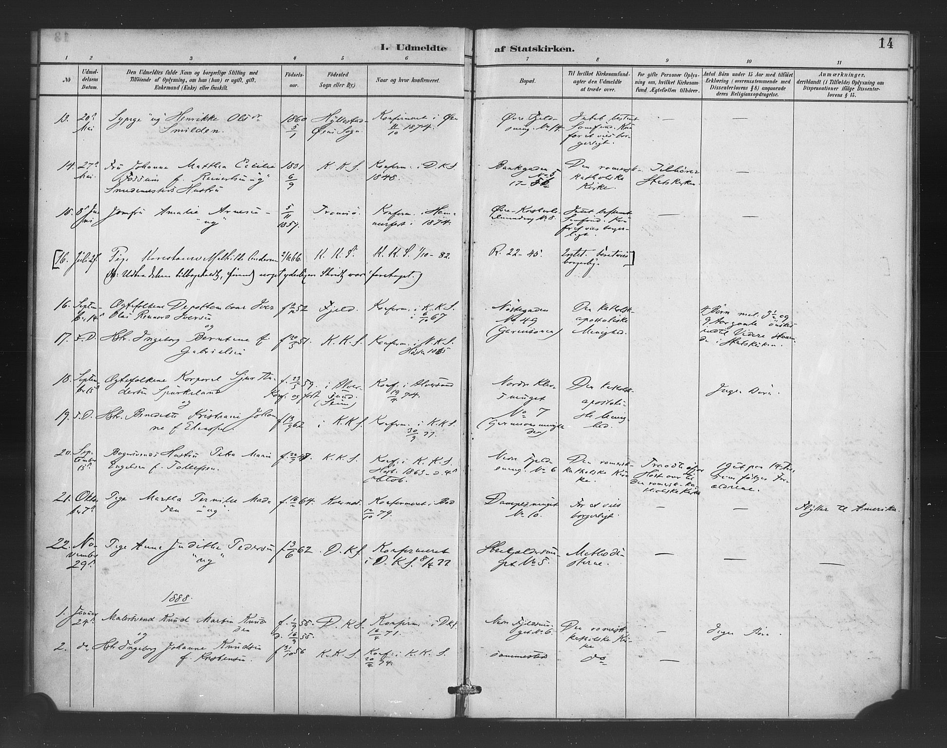 Korskirken sokneprestembete, SAB/A-76101/H/Haa/L0052: Parish register (official) no. G 2, 1887-1899, p. 14