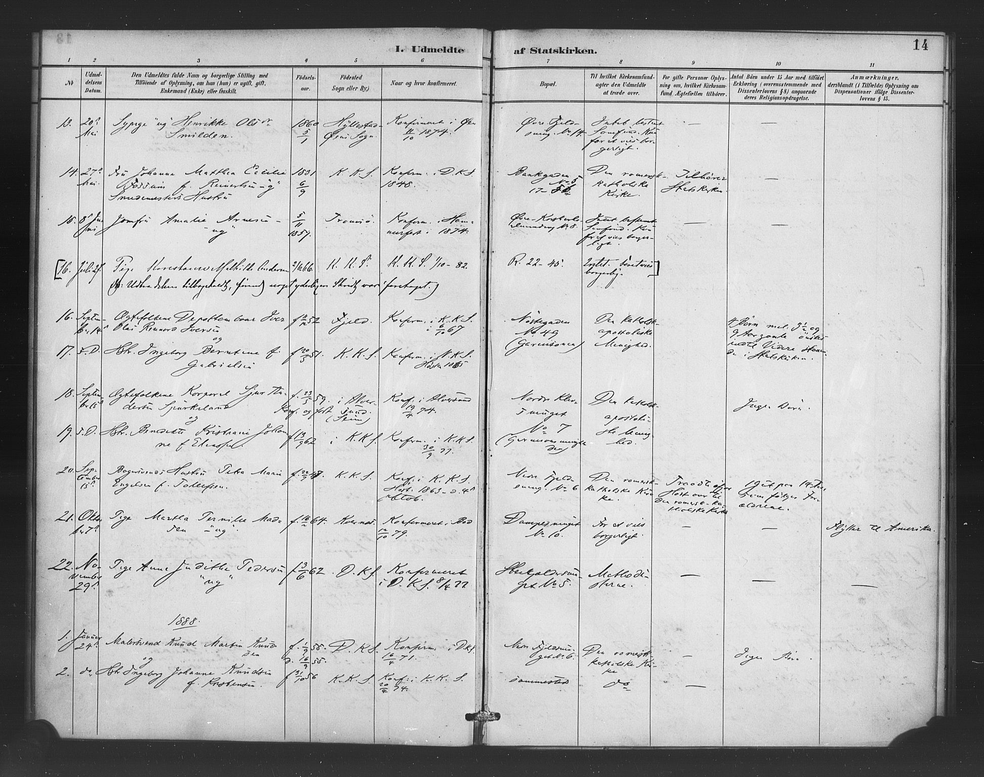 Korskirken sokneprestembete, AV/SAB-A-76101/H/Haa/L0052: Parish register (official) no. G 2, 1887-1899, p. 14