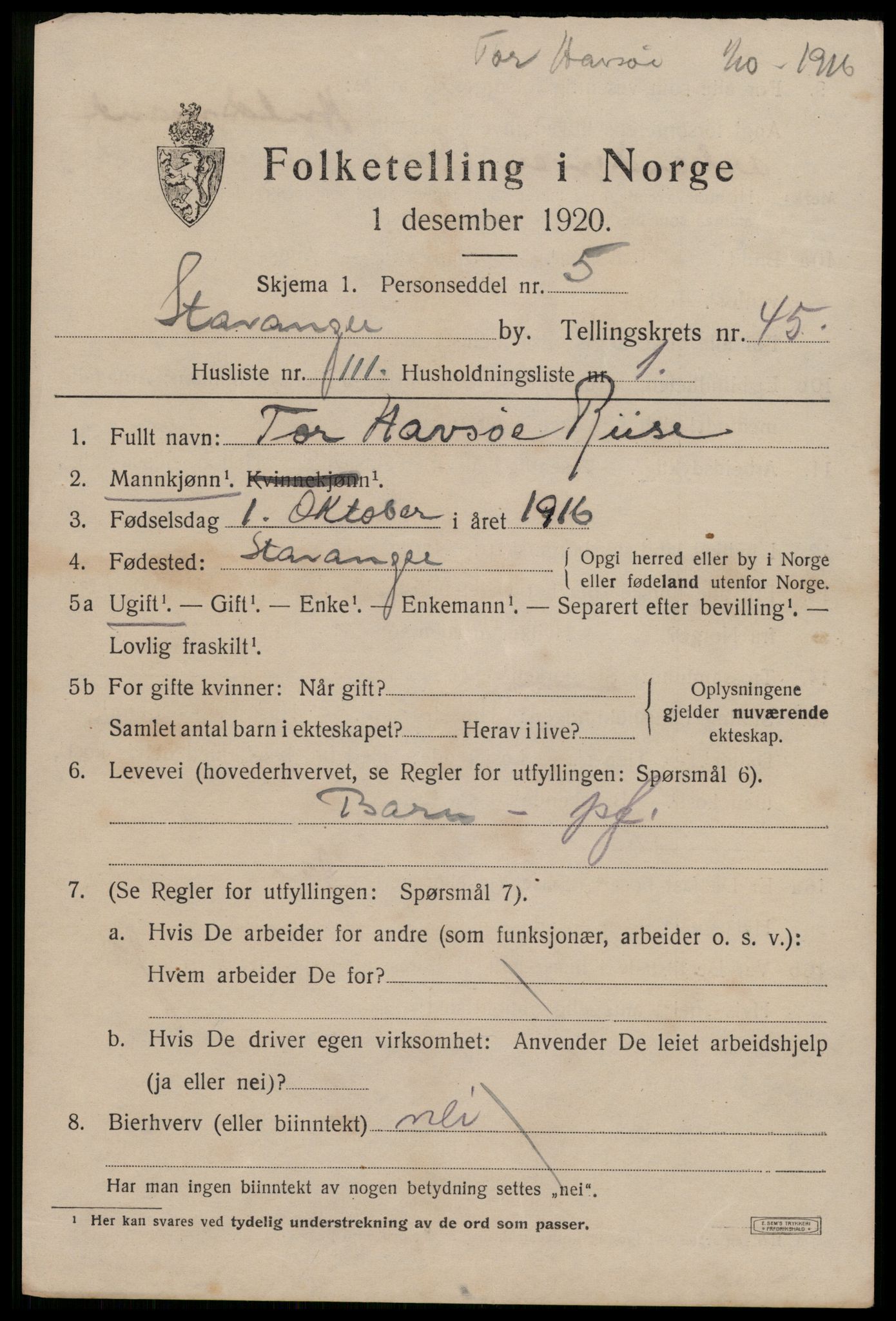 SAST, 1920 census for Stavanger, 1920, p. 112292