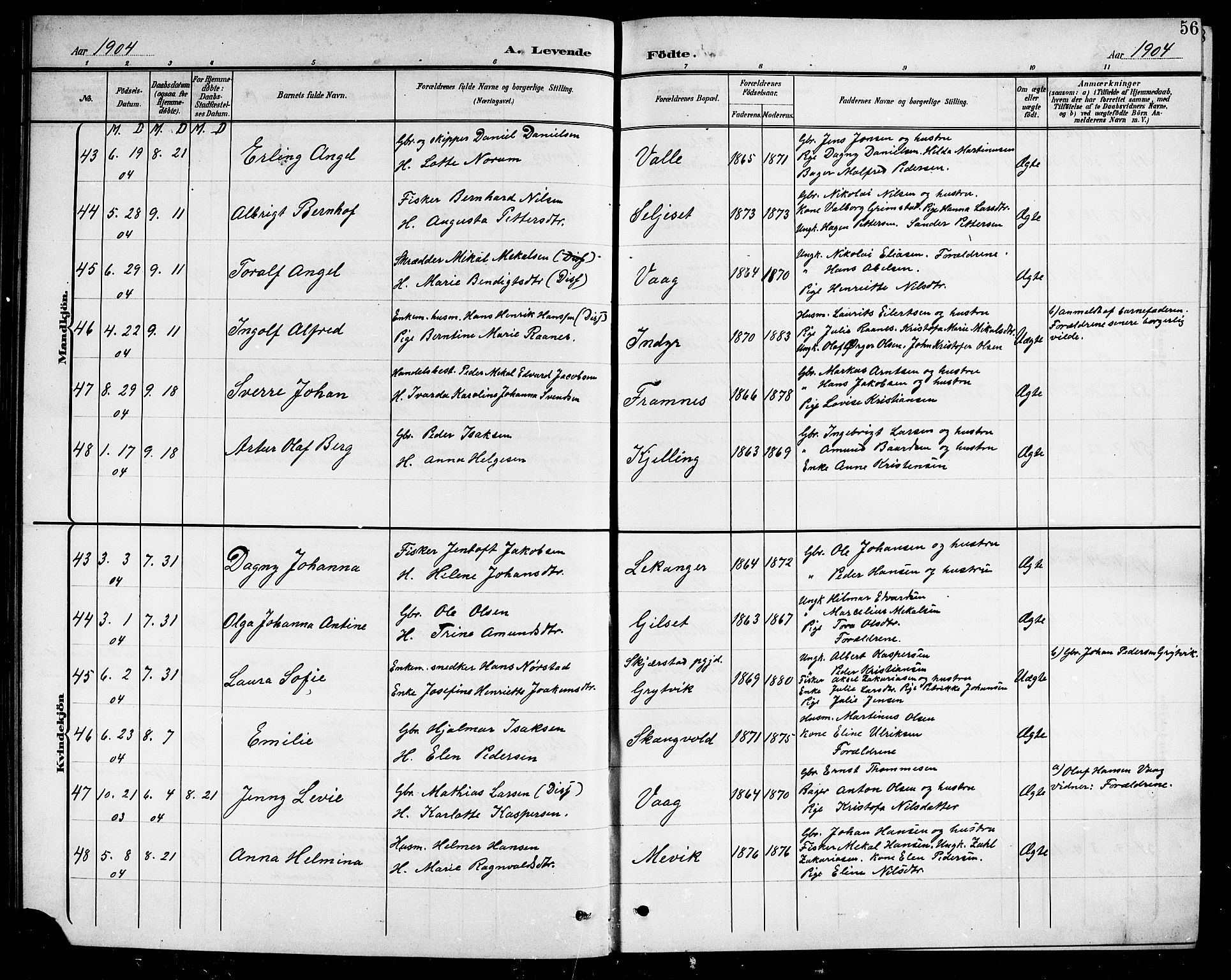 Ministerialprotokoller, klokkerbøker og fødselsregistre - Nordland, AV/SAT-A-1459/805/L0109: Parish register (copy) no. 805C05, 1900-1911, p. 56