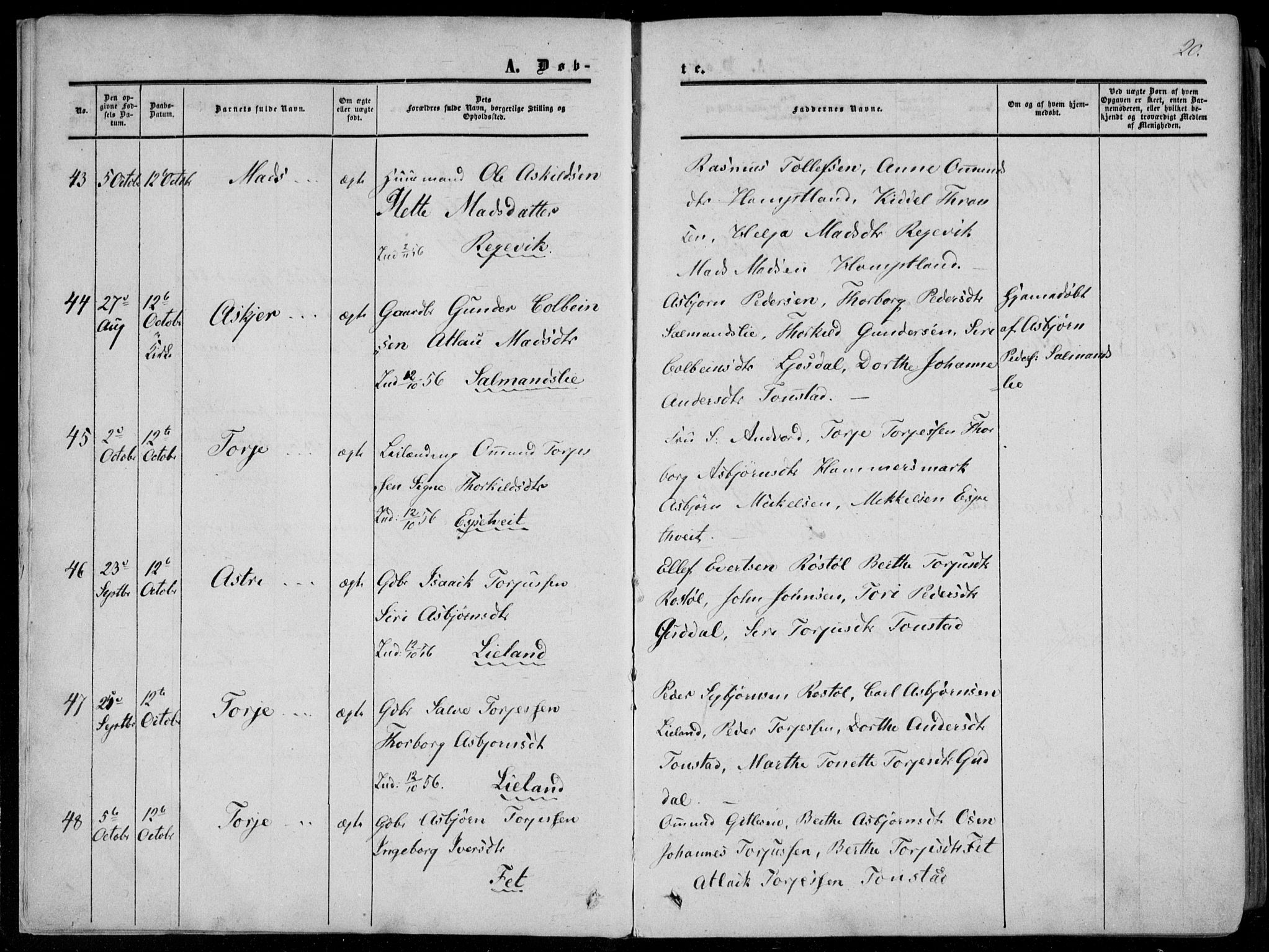 Sirdal sokneprestkontor, AV/SAK-1111-0036/F/Fa/Fab/L0002: Parish register (official) no. A 2, 1855-1874, p. 20