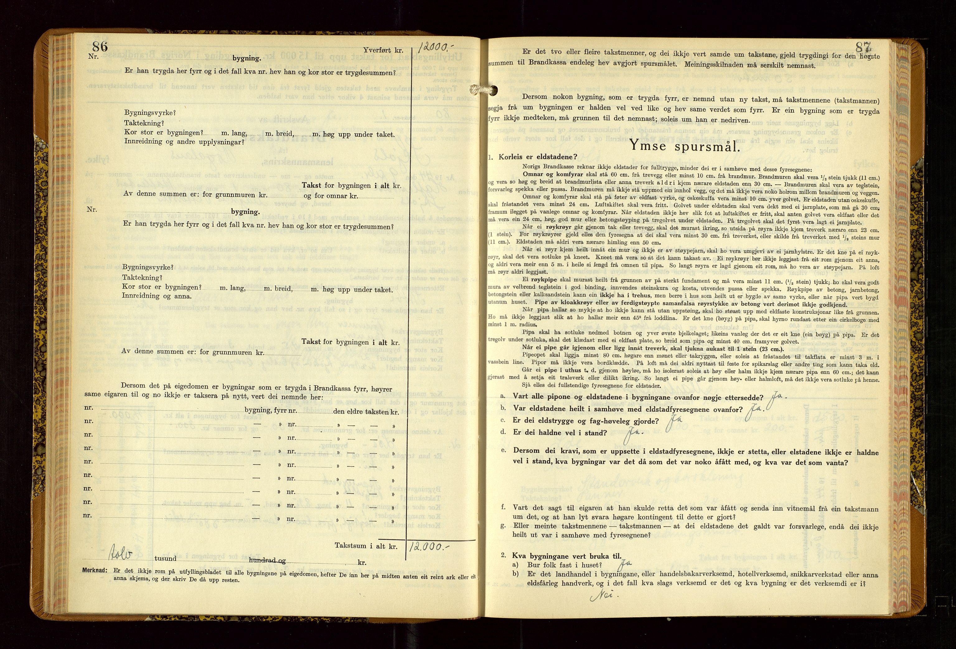 Skjold lensmannskontor, AV/SAST-A-100182/Gob/L0002: "Branntakstbok for Skjold lensmannskrins Rogaland fylke", 1939-1952, p. 86-87