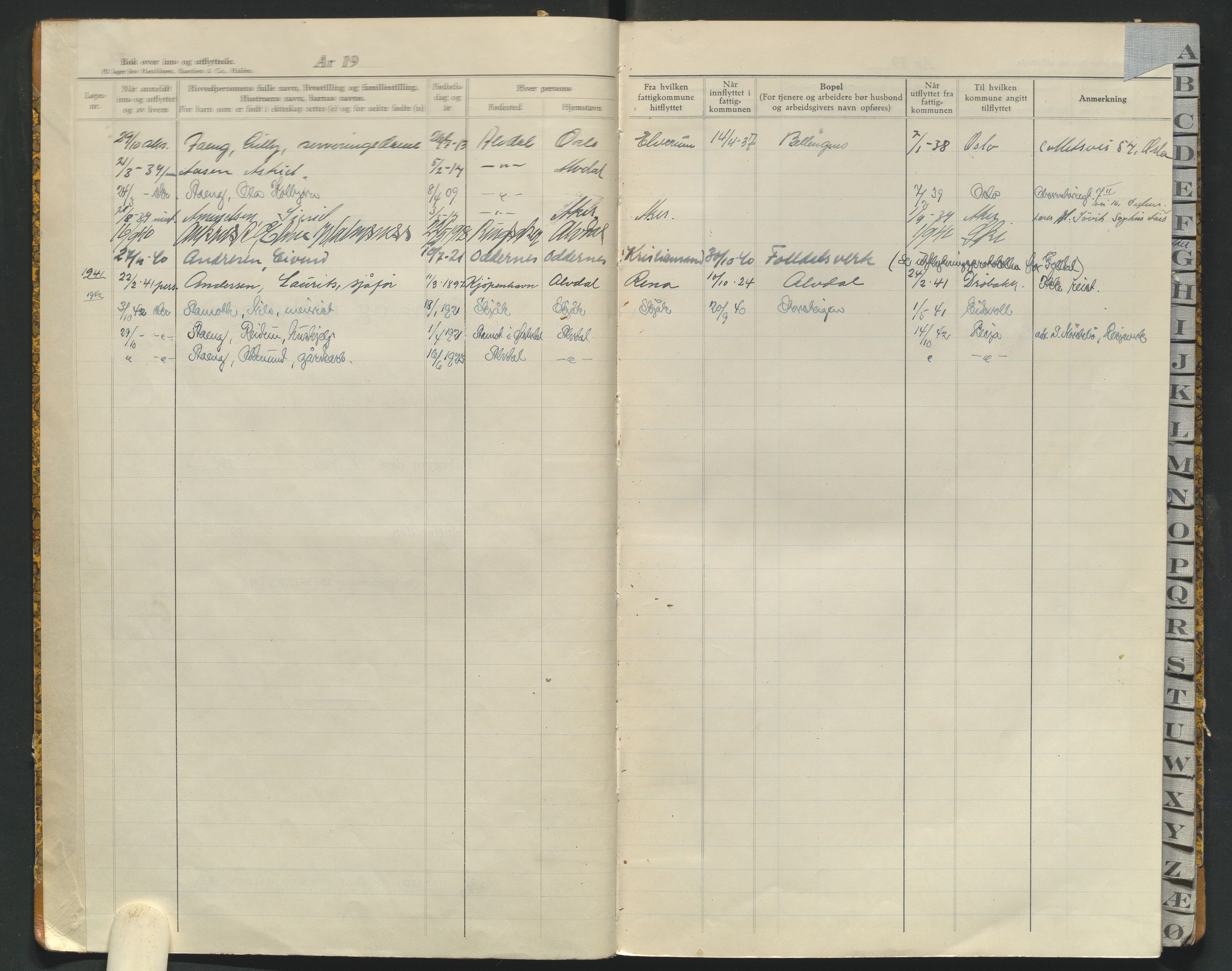 Alvdal og Folldal lensmannskontor, AV/SAH-LHA-007/N/Na/L0002: Protokoll over inn- og utflyttede - Alvdal, 1937-1943