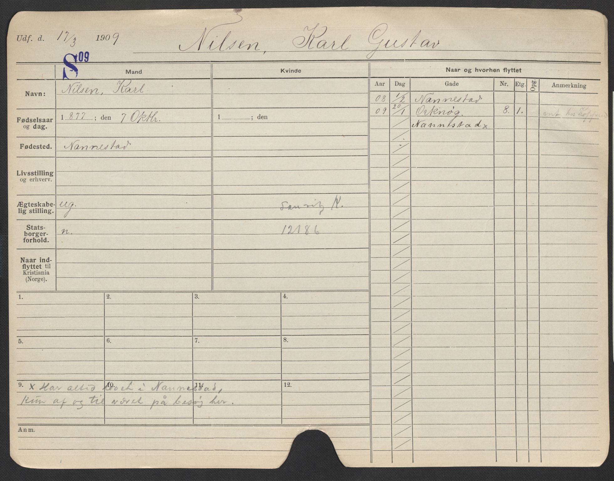 Oslo folkeregister, Registerkort, AV/SAO-A-11715/F/Fa/Fac/L0008: Menn, 1906-1914, p. 273a