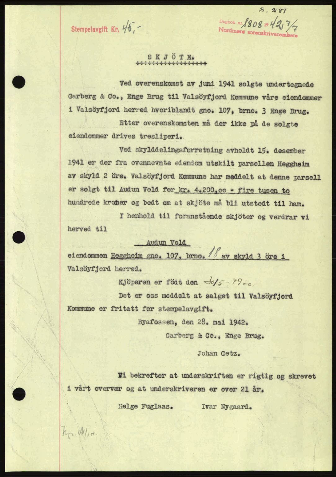 Nordmøre sorenskriveri, AV/SAT-A-4132/1/2/2Ca: Mortgage book no. A93, 1942-1942, Diary no: : 1808/1942