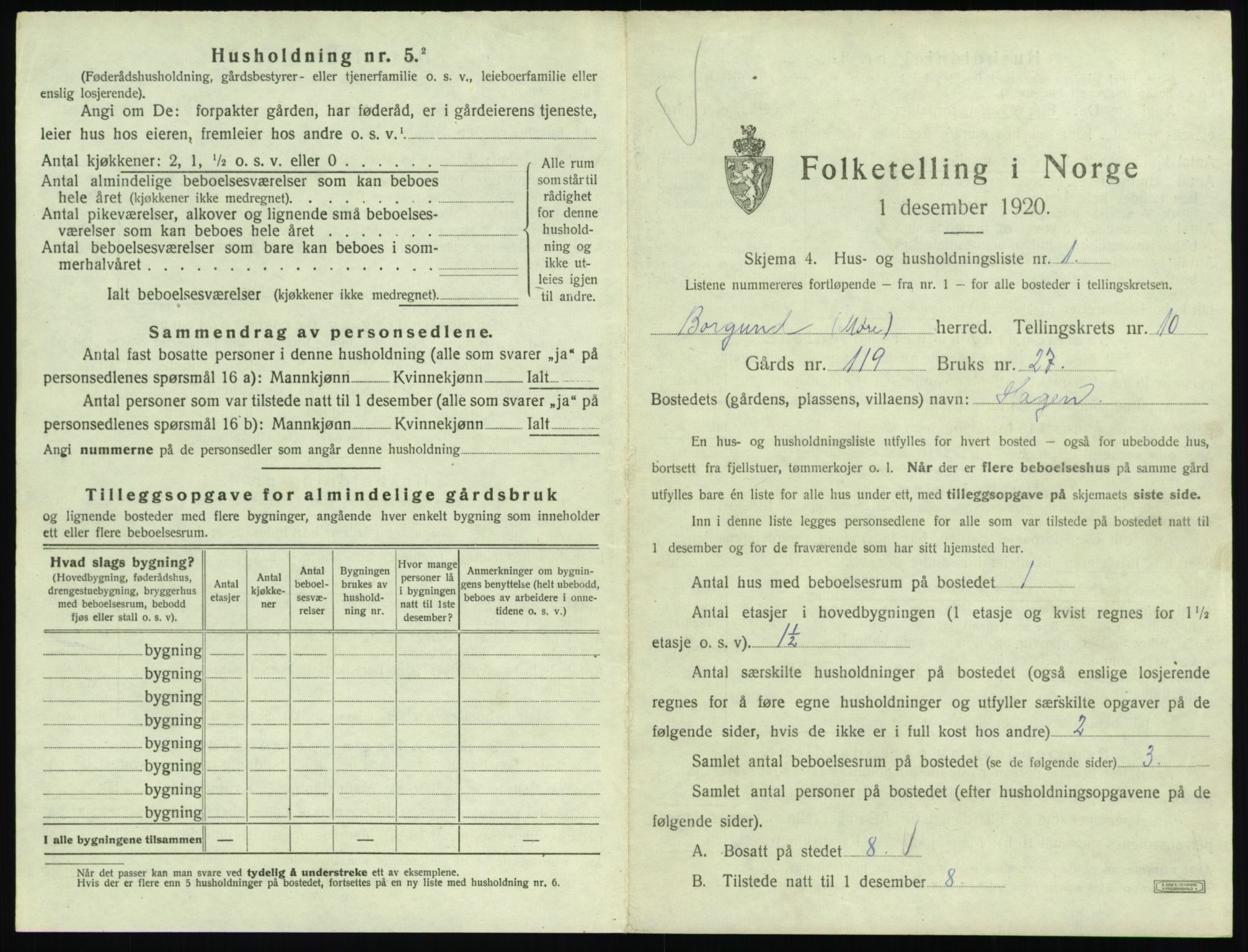 SAT, 1920 census for Borgund, 1920, p. 1050