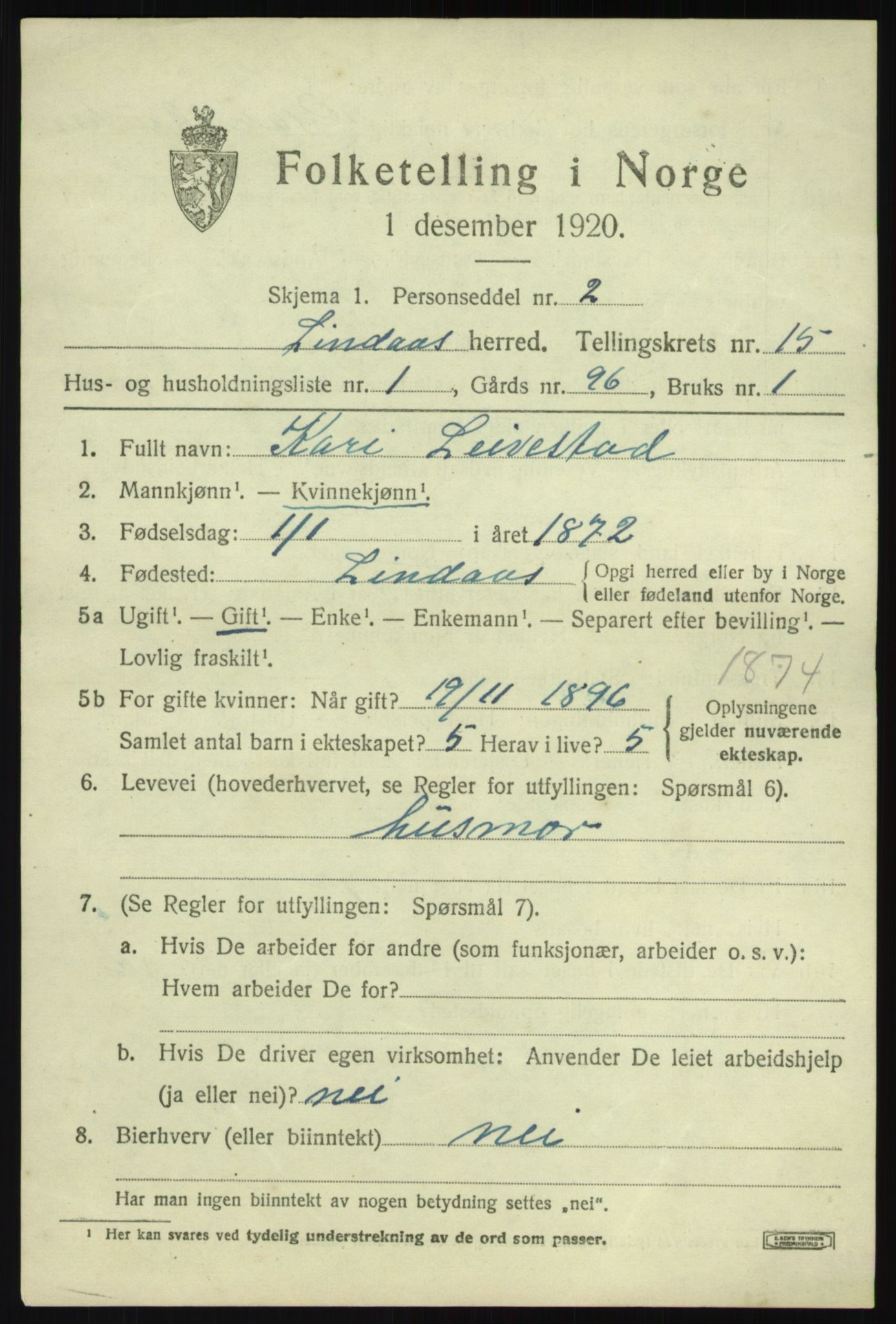 SAB, 1920 census for Lindås, 1920, p. 7543