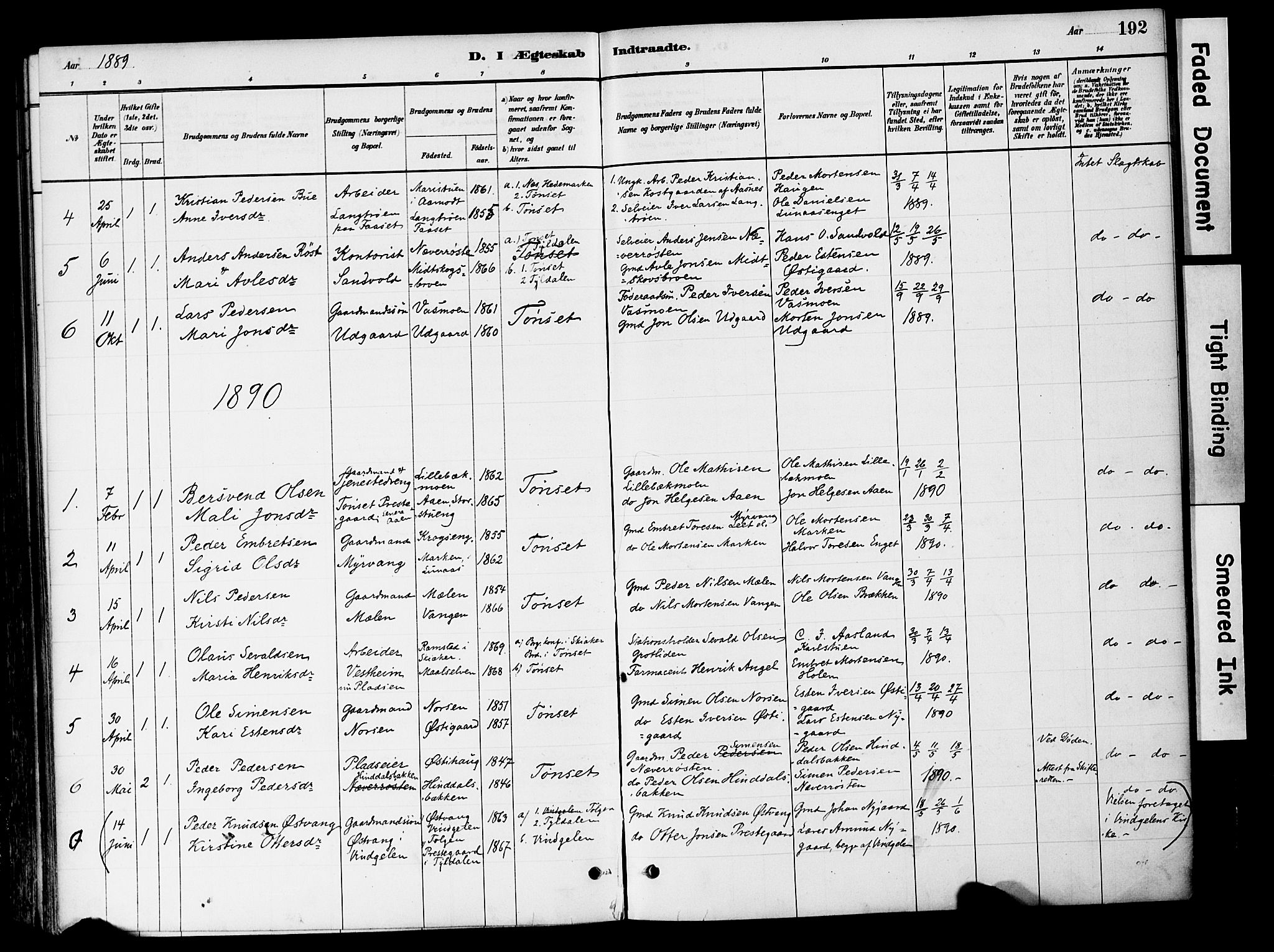 Tynset prestekontor, SAH/PREST-058/H/Ha/Haa/L0022: Parish register (official) no. 22, 1880-1899, p. 192