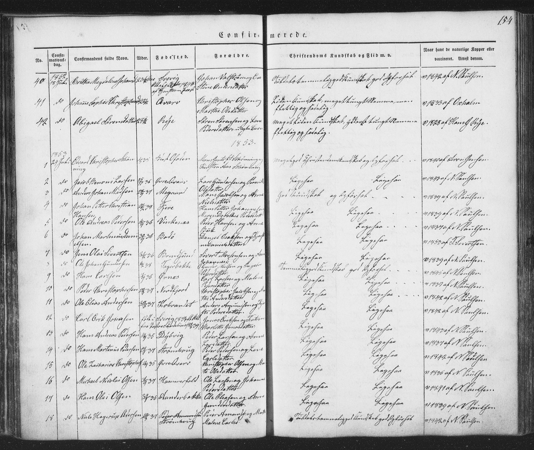 Ministerialprotokoller, klokkerbøker og fødselsregistre - Nordland, AV/SAT-A-1459/853/L0769: Parish register (official) no. 853A08, 1836-1856, p. 154