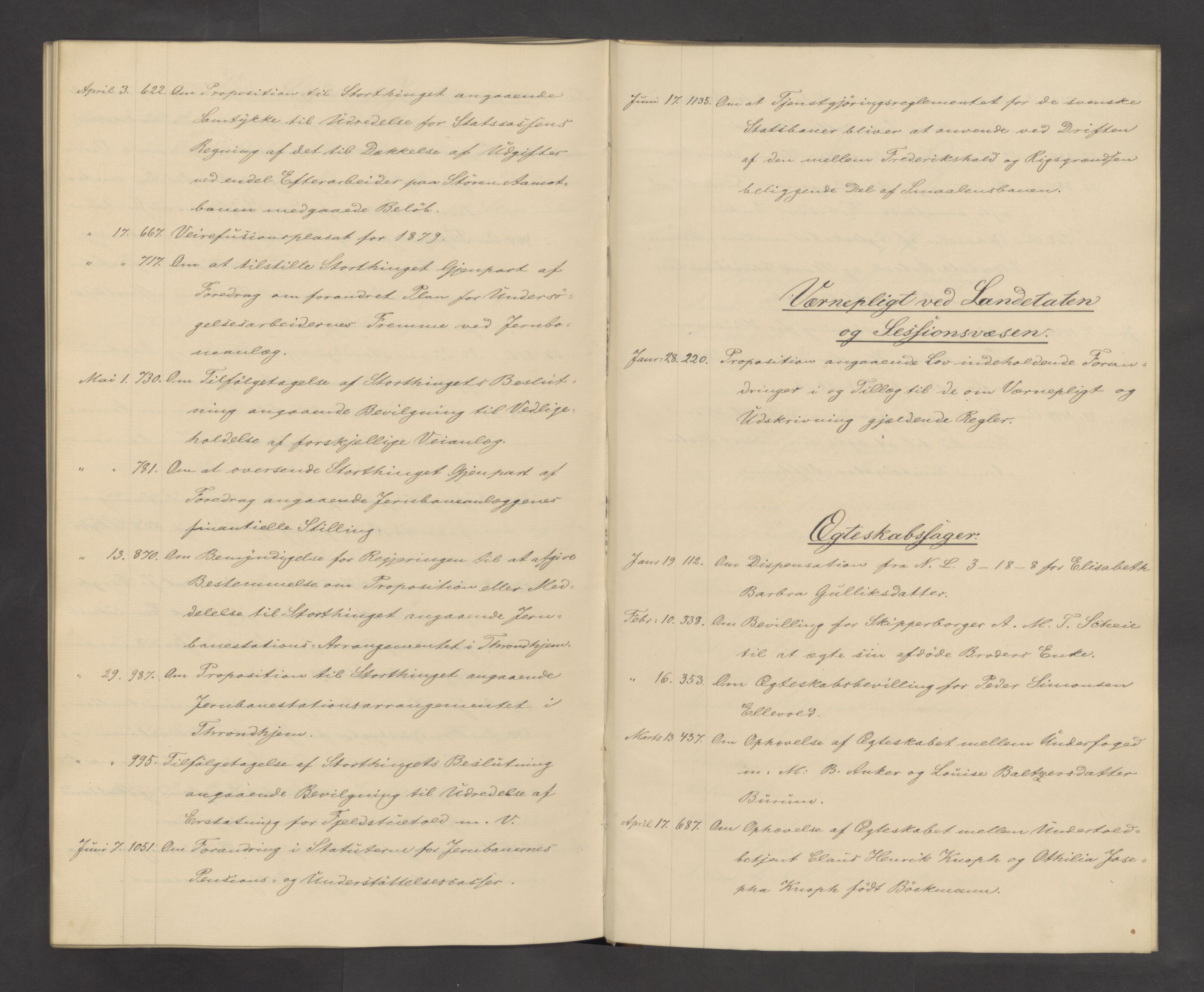 Statsrådssekretariatet, AV/RA-S-1001/A/Ab/L0135: Kgl. res. nr. 1-1163, 1. halvår, 1880