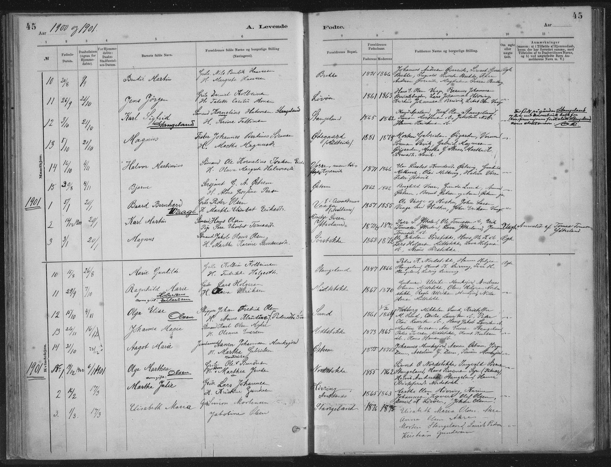 Kopervik sokneprestkontor, SAST/A-101850/H/Ha/Haa/L0002: Parish register (official) no. A 2, 1880-1912, p. 45
