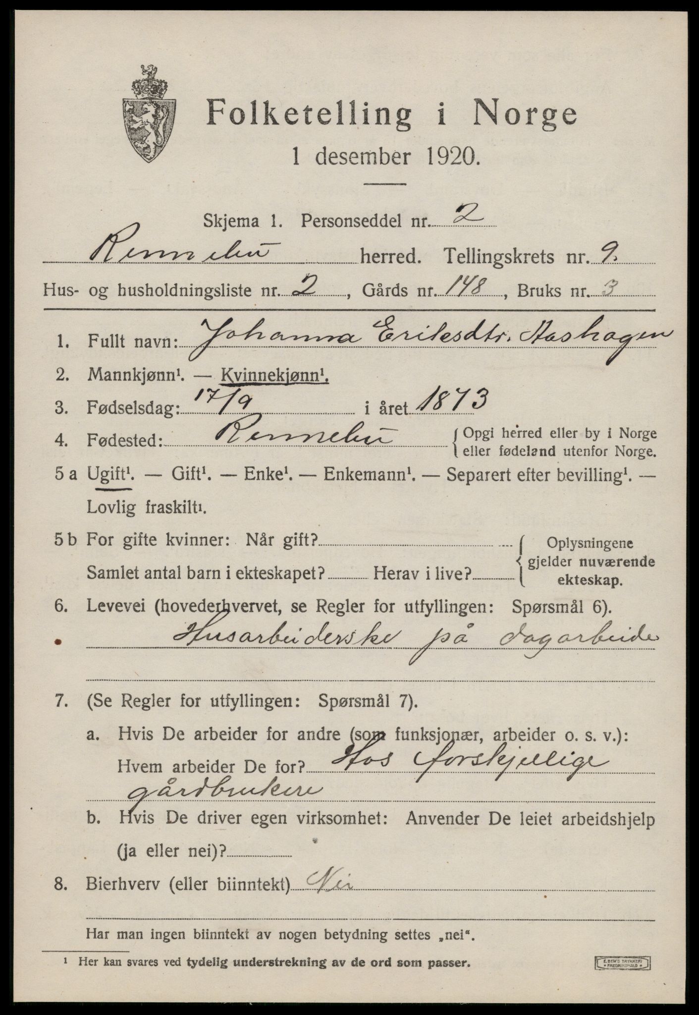 SAT, 1920 census for Rennebu, 1920, p. 5836