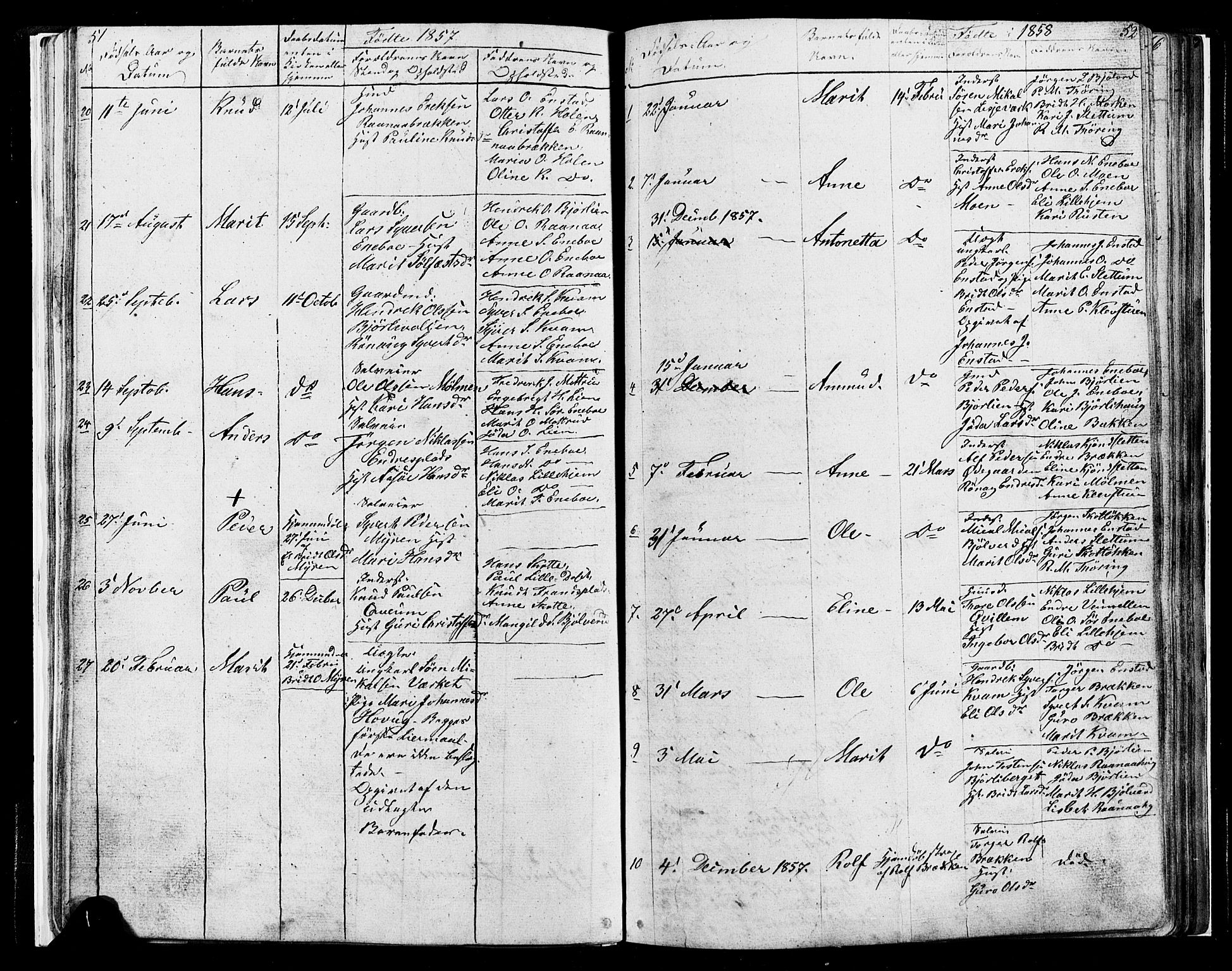 Lesja prestekontor, SAH/PREST-068/H/Ha/Hab/L0004: Parish register (copy) no. 4, 1842-1871, p. 51-52