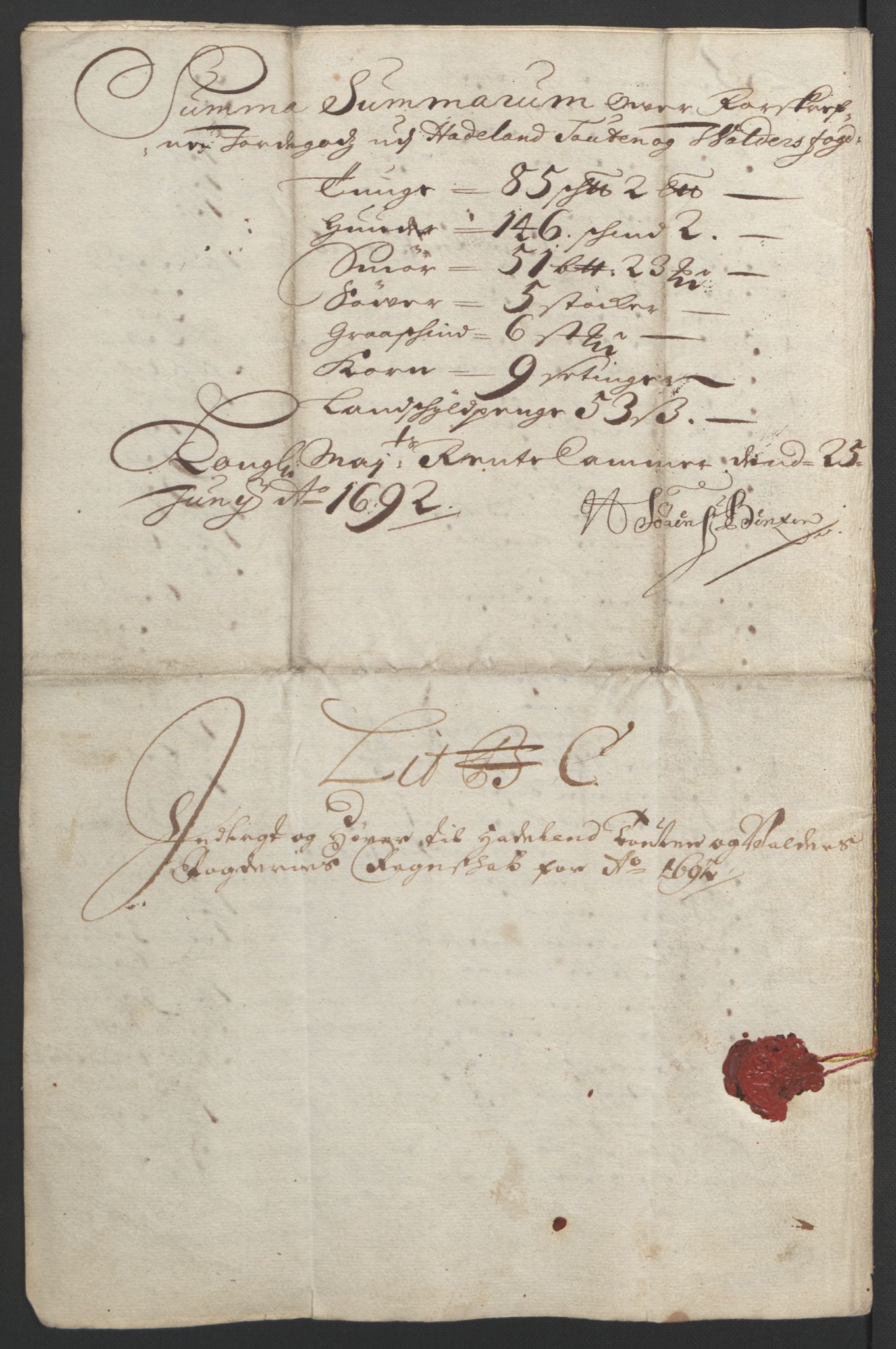 Rentekammeret inntil 1814, Reviderte regnskaper, Fogderegnskap, AV/RA-EA-4092/R18/L1291: Fogderegnskap Hadeland, Toten og Valdres, 1692, p. 15