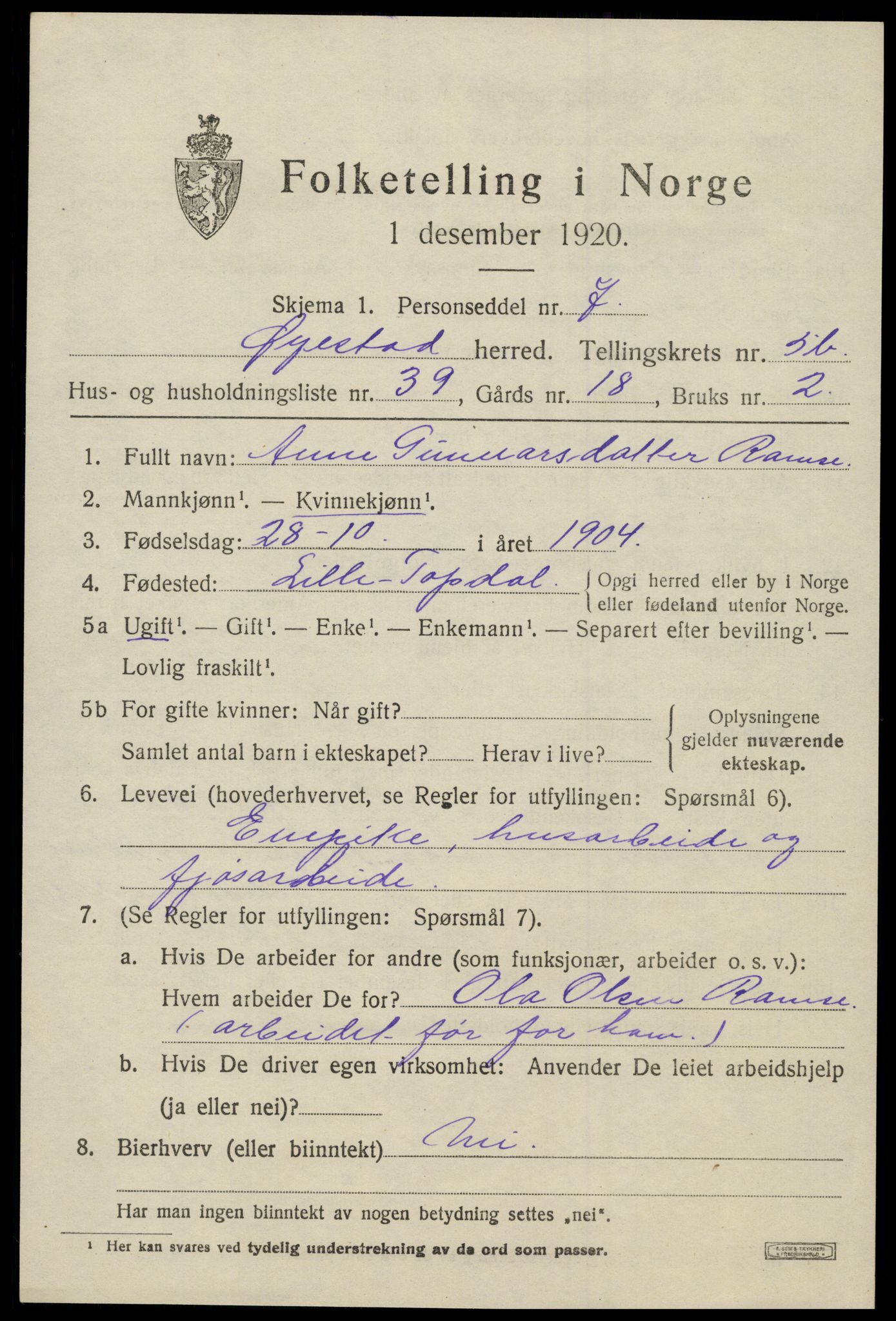 SAK, 1920 census for Øyestad, 1920, p. 4070