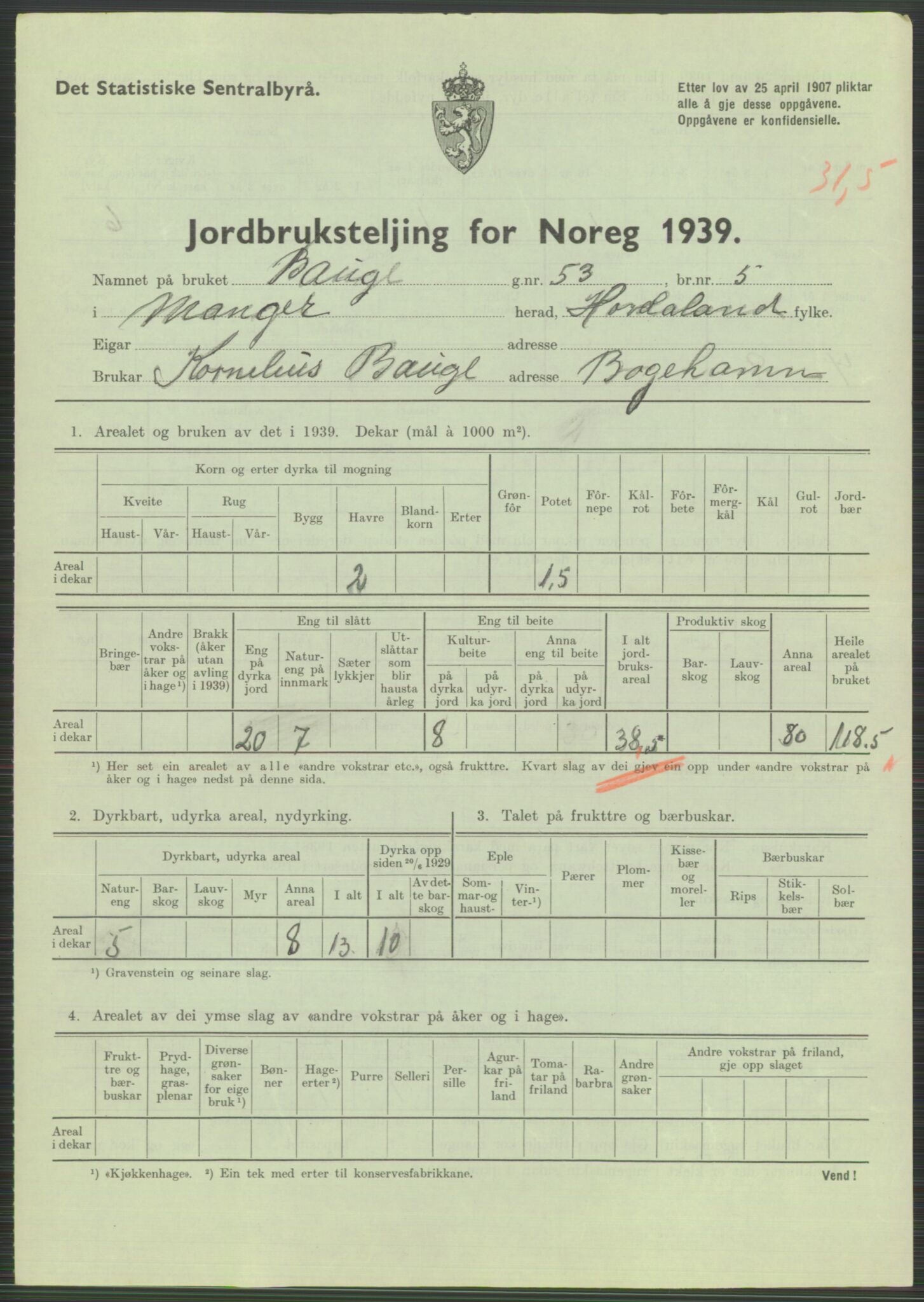 Statistisk sentralbyrå, Næringsøkonomiske emner, Jordbruk, skogbruk, jakt, fiske og fangst, AV/RA-S-2234/G/Gb/L0211: Hordaland: Herdla, Hjelme og Manger, 1939, p. 1739