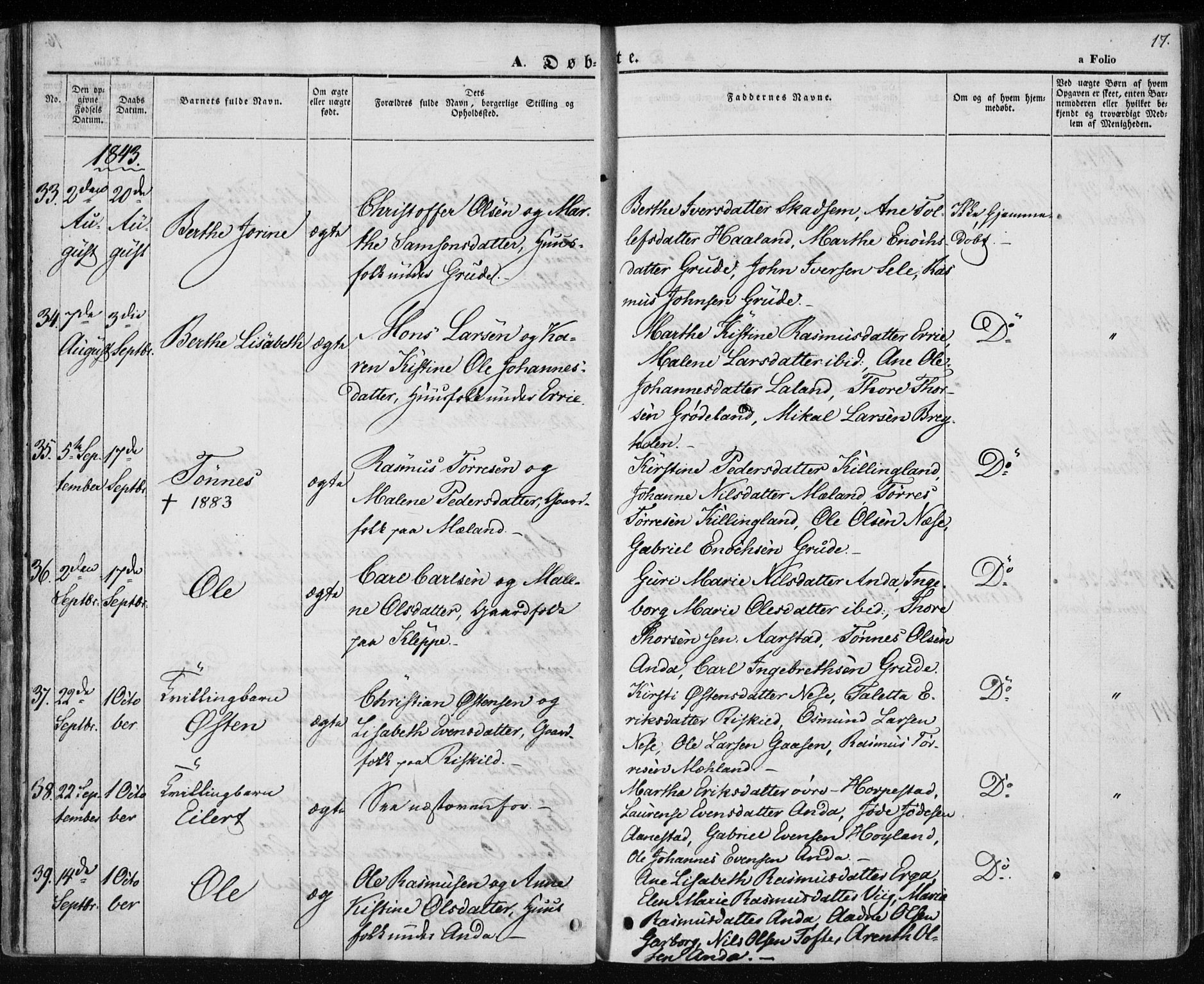 Klepp sokneprestkontor, AV/SAST-A-101803/001/3/30BA/L0004: Parish register (official) no. A 4, 1842-1852, p. 17