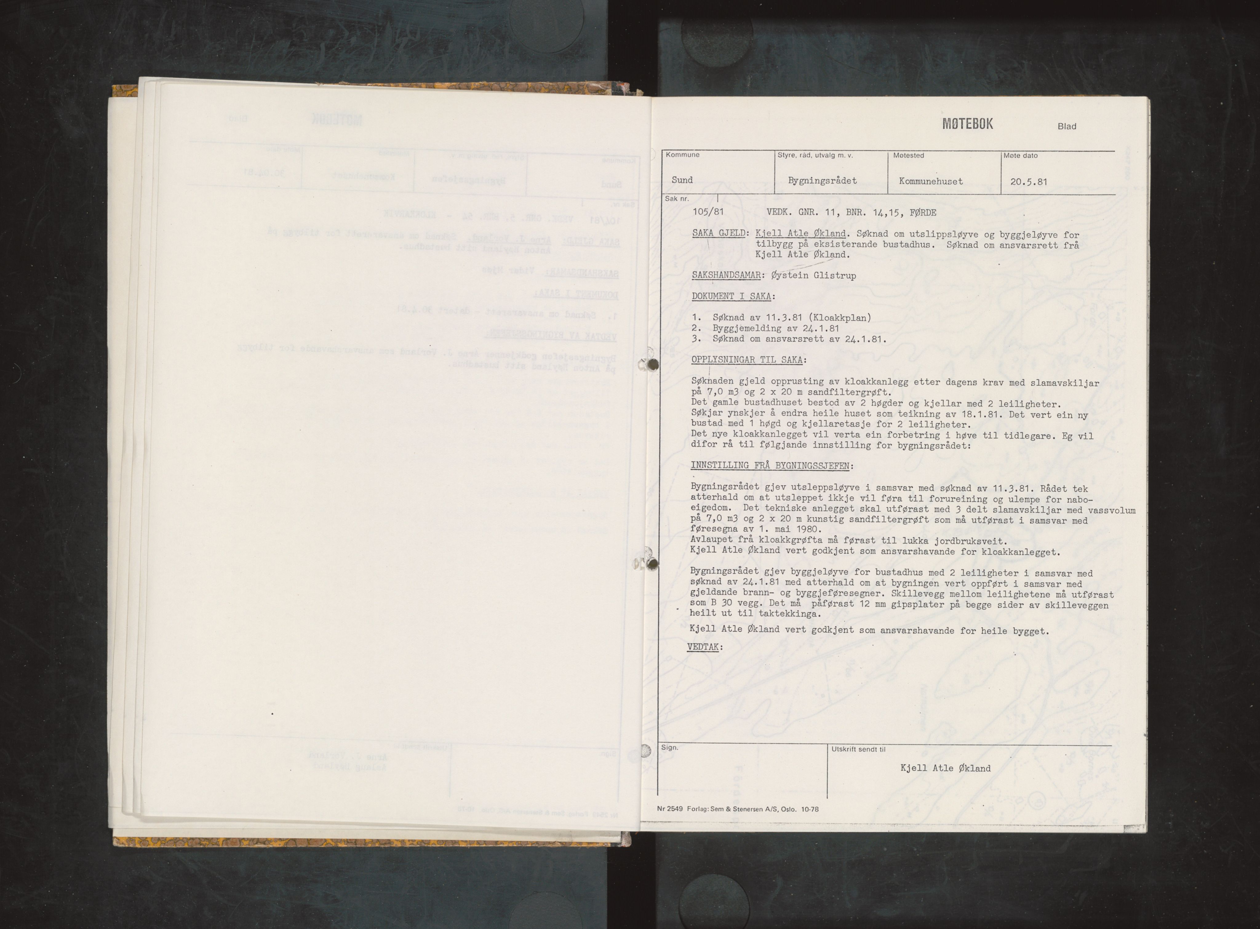 Sund kommune. Bygningsrådet, IKAH/1245-511/A/Ab/L0008: Innkallingar og vedlegg, 1981