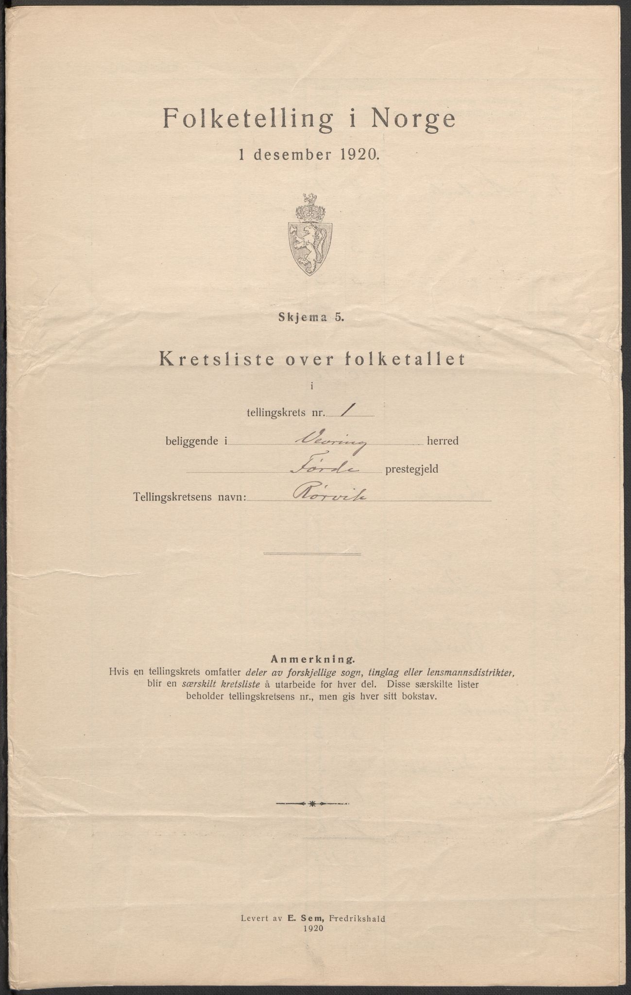 SAB, 1920 census for Vevring, 1920, p. 5