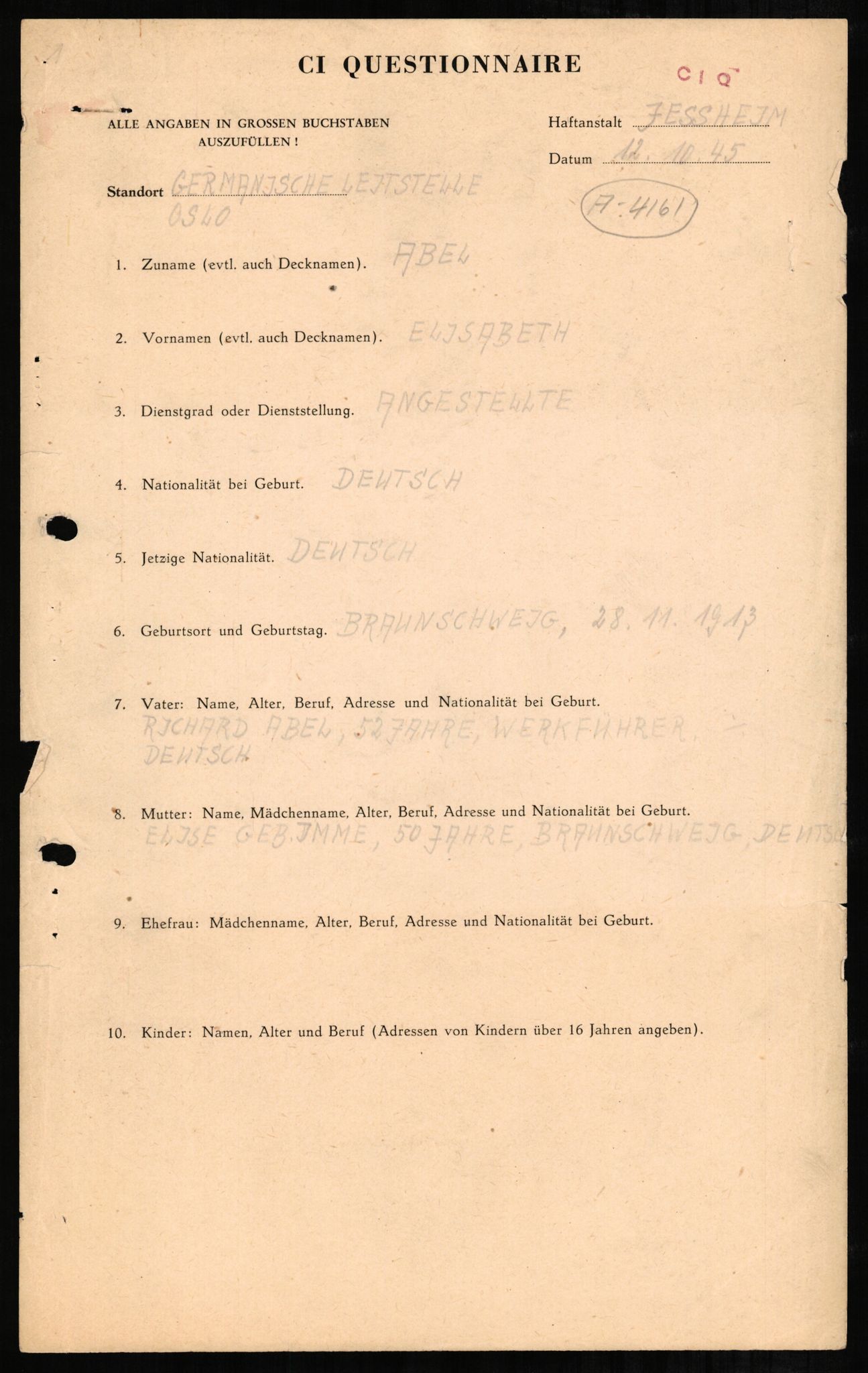 Forsvaret, Forsvarets overkommando II, AV/RA-RAFA-3915/D/Db/L0001: CI Questionaires. Tyske okkupasjonsstyrker i Norge. Tyskere., 1945-1946, p. 6