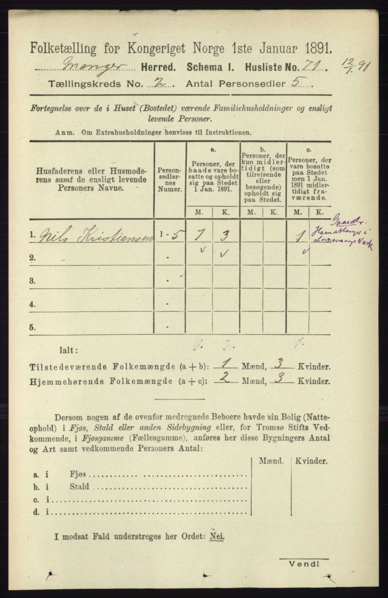 RA, 1891 census for 1261 Manger, 1891, p. 748